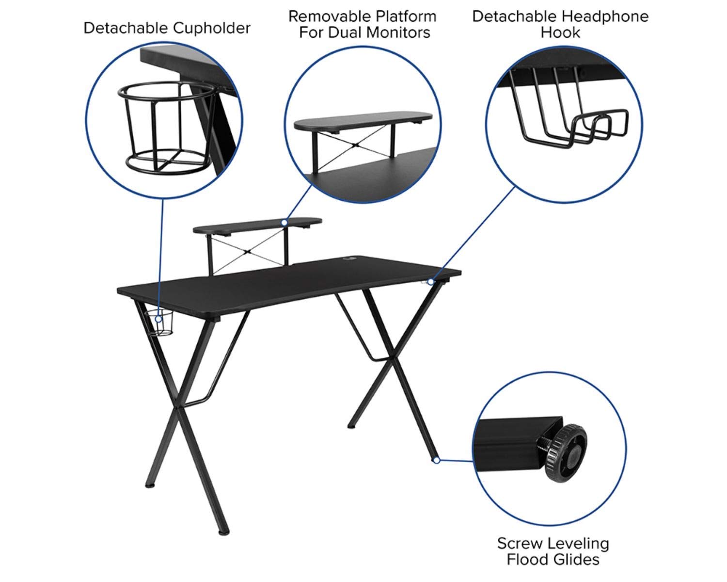 Flash Furniture Black Gaming Desk & White/Black Racing Chair Set with Cup Holder, Headphone Hook & Monitor Stand - Perfect for Esports, Streaming & Home Office Gaming Setup