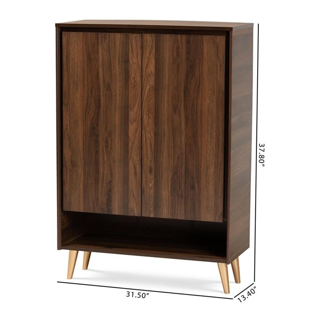 BOWERY HILL Mid-Century Modern 2-Door Shoe Storage Cabinet - Solid Wood Entryway Organizer with Adjustable Shelves, Brown - Perfect for Small Spaces, Hallways & Closet Organization