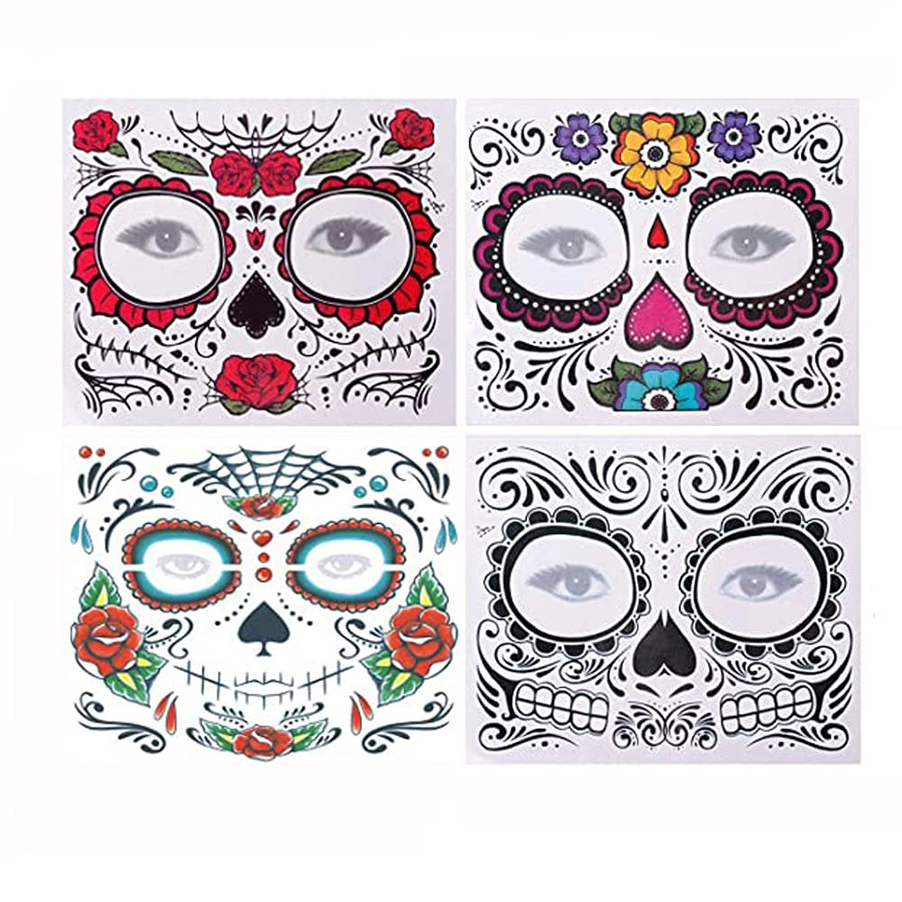 4 Pack Day of the Dead Temporary Tattoos - Sugar Skull Face Stickers for Halloween Makeup, Women's Costume Accessories & Masquerade Party Favors - Perfect for Dia de los Muertos Celebrations, Halloween Parties & Cosplay