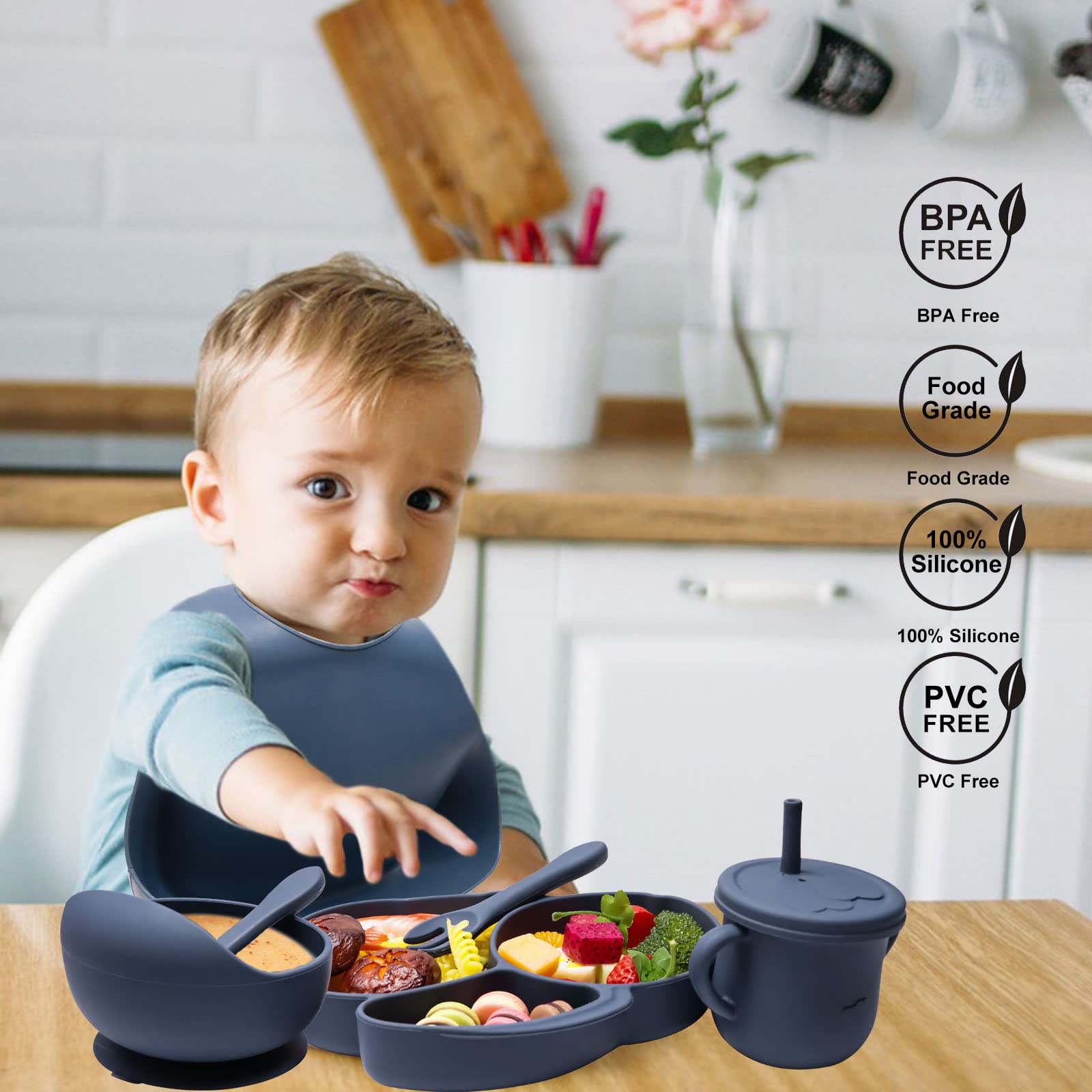 **Domueay 6-Piece Silicone Baby Weaning Set - BPA-Free Toddler Feeding Kit with Suction Bowl, Divided Rabbit Plate, Adjustable Bib, Straw Cup & Spoon Fork - Perfect for Home, Travel & Daycare Use**