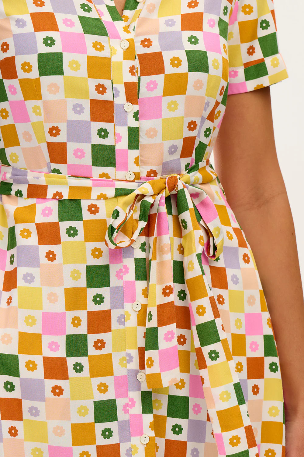Lauretta Midi Shirt Dress for Women - Floral Checkerboard Print Casual Summer Dress - Perfect for Office, Date Night & Outdoor Events