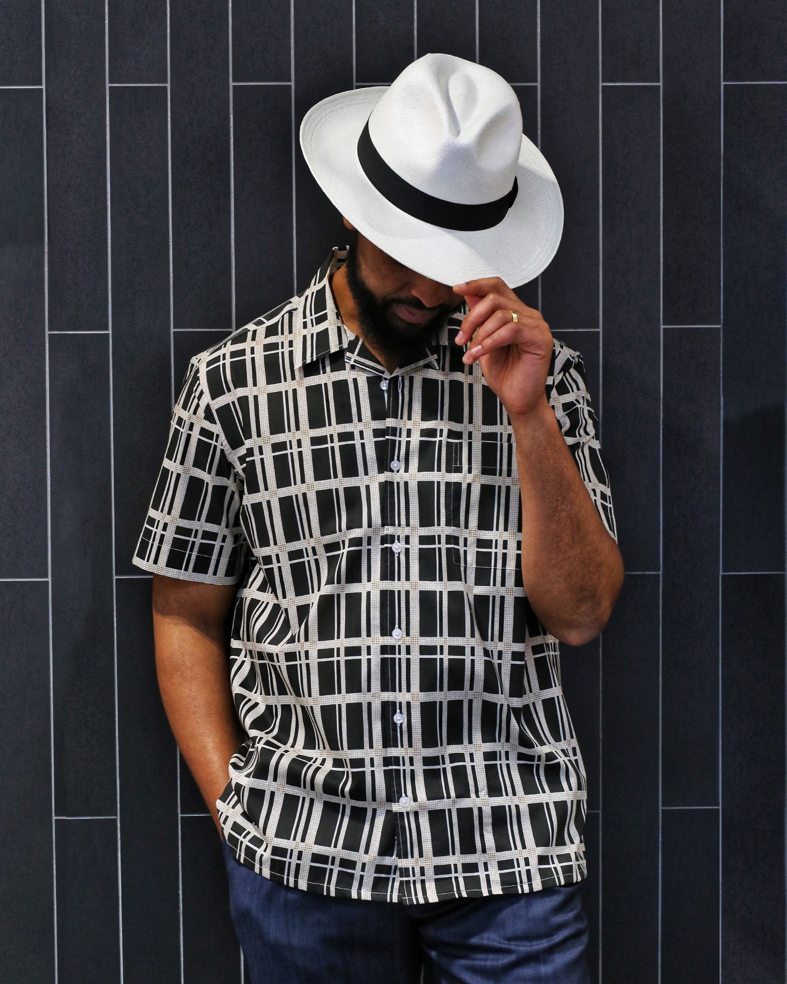 DÉCLIC Liberty Cuba Check Print Short Sleeve Shirt for Men - Stylish Casual Black Button Down Shirt - Perfect for Summer Outings, Beach Vacations & Tropical Getaways