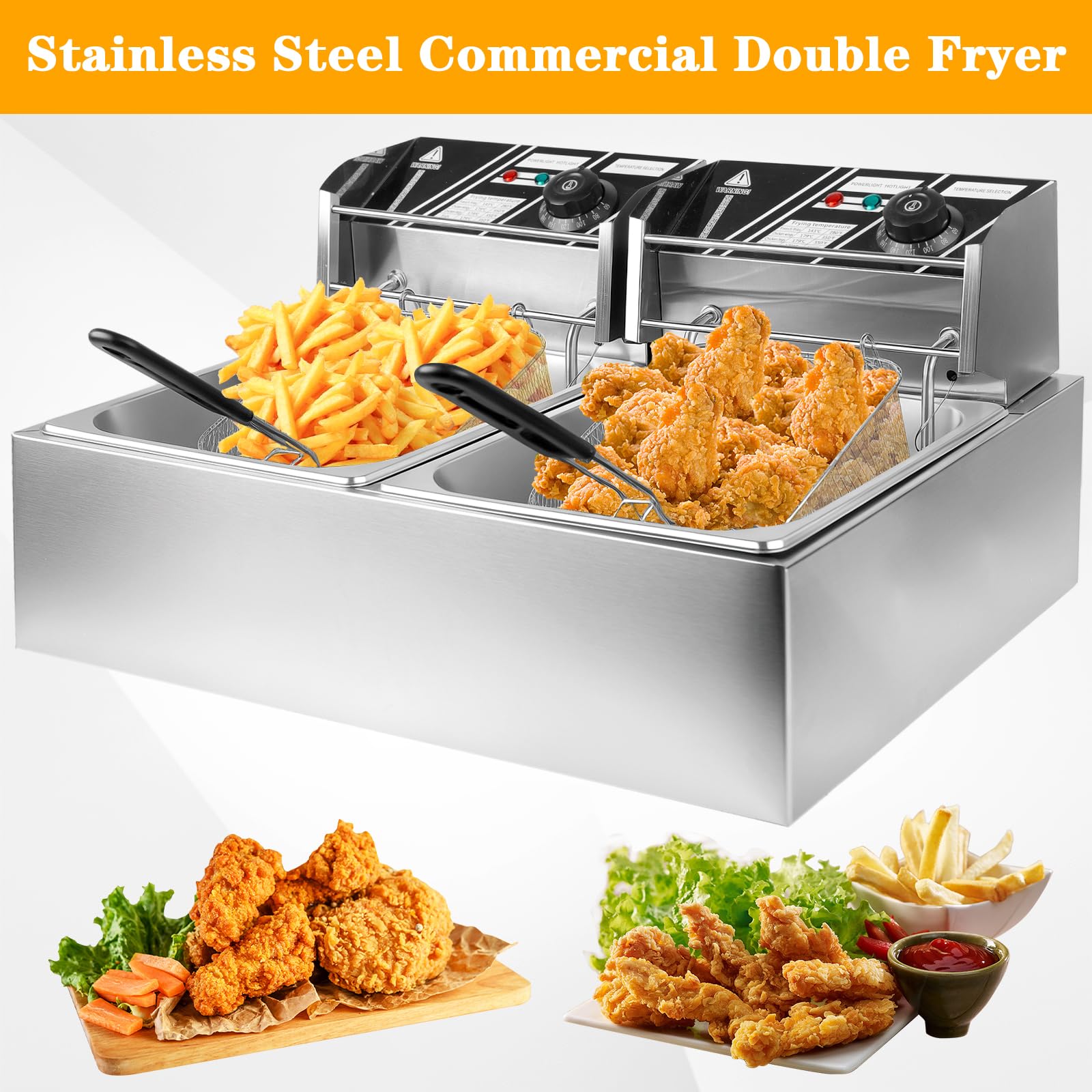 5000W Commercial Deep Fryer with 2 Baskets - 12L Electric Dual Tank Deep Fryer, Heavy Duty Stainless Steel Countertop Deep Fryer for Restaurants, Food Trucks & Home Kitchens