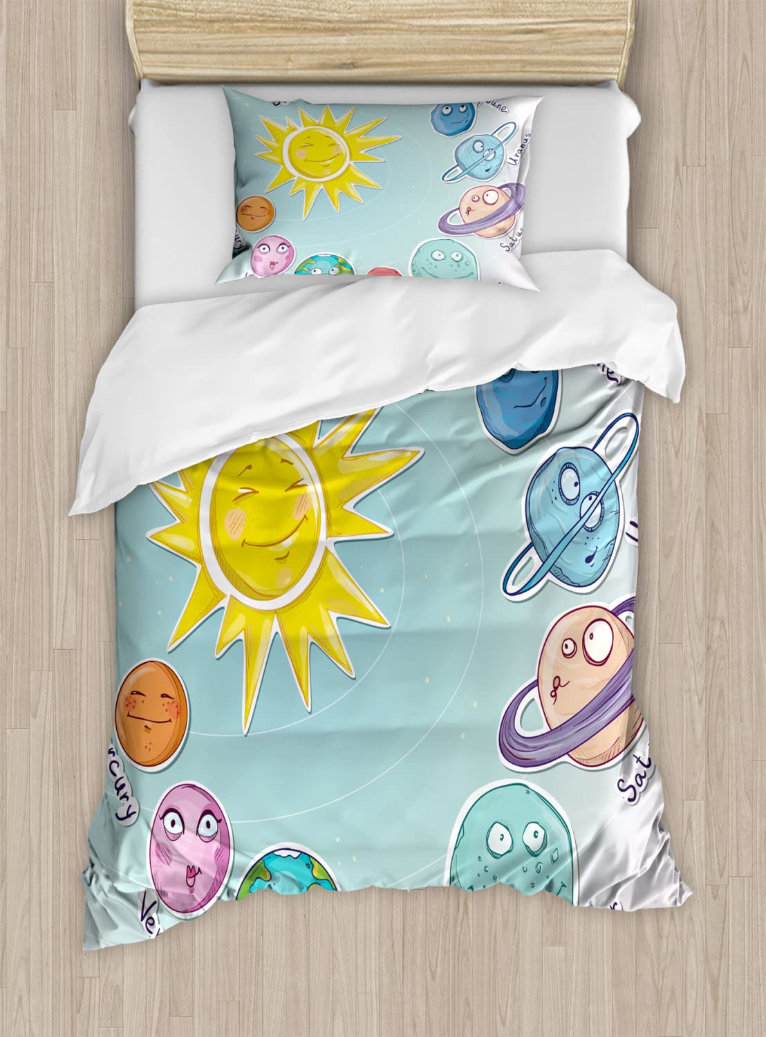 Ambesonne Solar System Duvet Cover Set - Queen Size 2-Pack with 2 Duvet Covers & 4 Pillowcases, Fun Space Theme Featuring Cartoon Sun & Planets, Yellow Multicolor Celestial Bedding - Perfect for Kids' Rooms, Space-Themed Bedrooms & Astronomy Lovers