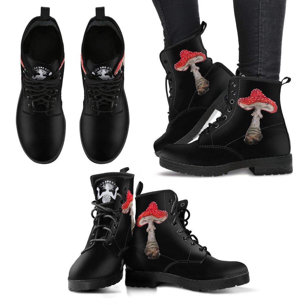 Amanita Mushroom Vegan Leather Combat Boots - Handmade All-Season Lace Up Boots for Women & Men | Perfect for Outdoor Hiking, Street Fashion & Eco-Friendly Lifestyle
