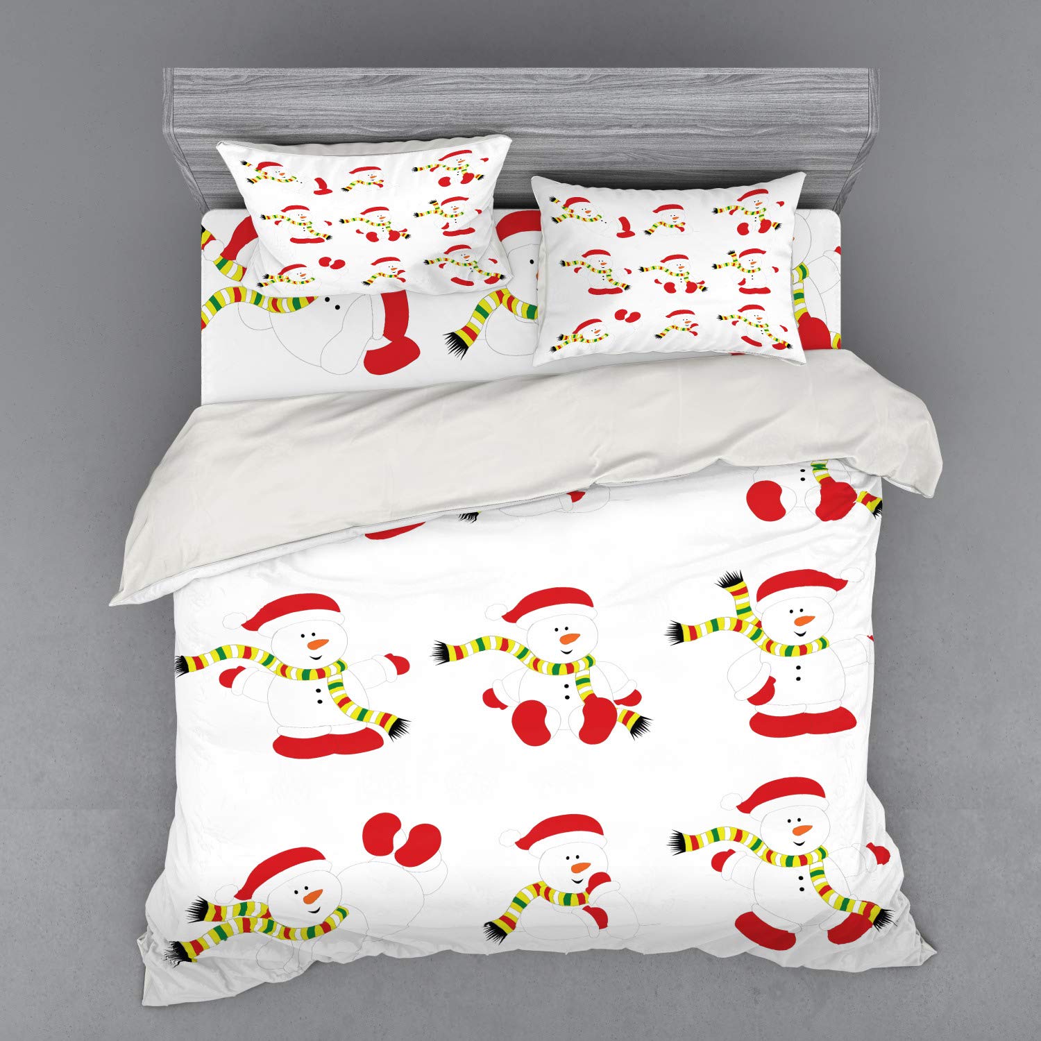 Ambesonne Christmas Duvet Cover Set - King Size 4-Piece Bedding with Snowman Scarf Design, Funny Holiday Motifs, Shams & Fitted Sheet in Festive Red White Green Colors | Perfect for Winter Bedroom Decor & Cozy Holiday Gatherings