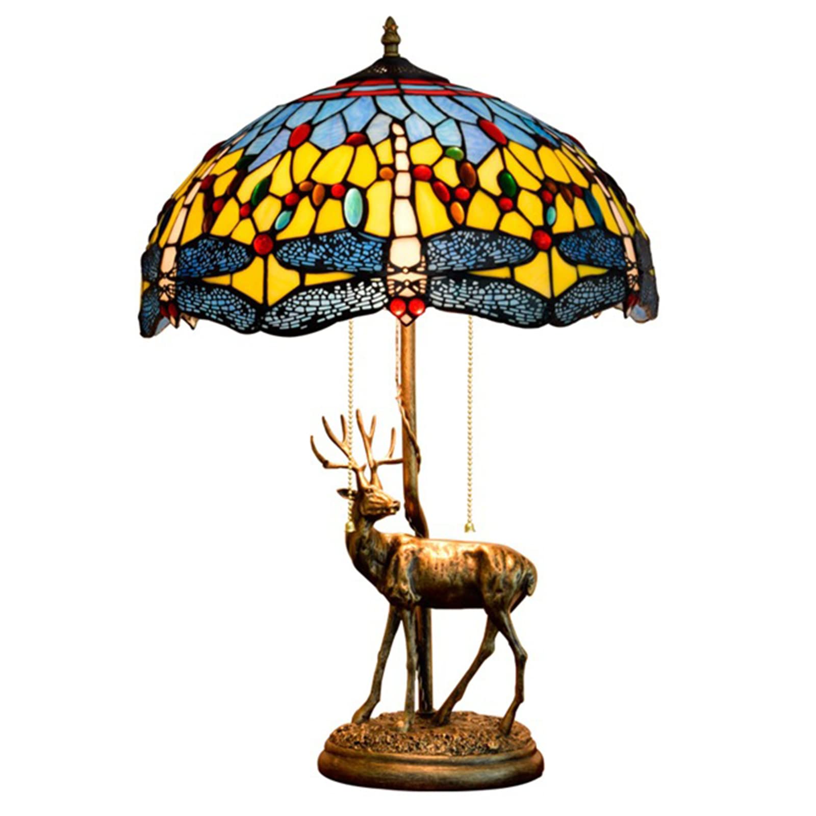 Vintage Tiffany Style Dragonfly Table Lamp with Elk Resin Base - 16 Inch American Art Deco Desk Light for Bedroom, Living Room, Coffee Bar & Home Office Decor | Perfect for Reading Nook, Nightstand & Study Room Ambiance