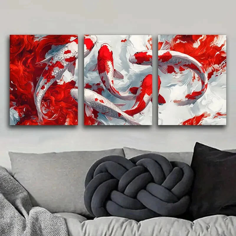 3-Piece Red and White Koi Fish Metal Wall Art Prints - Ready to Hang Home Decor for Living Room, Bedroom & Office