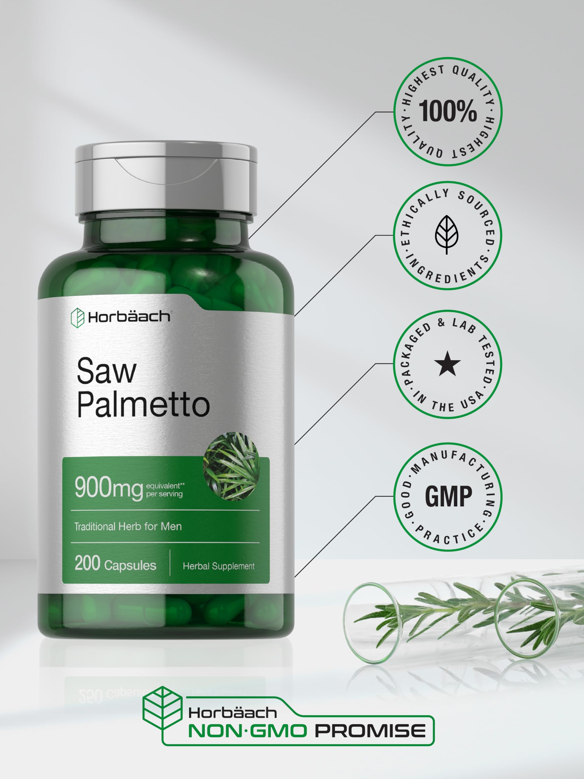 Horbaach Saw Palmetto Extract 900mg - 200 Capsules | Non-GMO, Gluten Free Supplement | Supports Prostate & Urinary Health | Made from Pure Saw Palmetto Berries | for Men's Wellness & Hair Growth Support