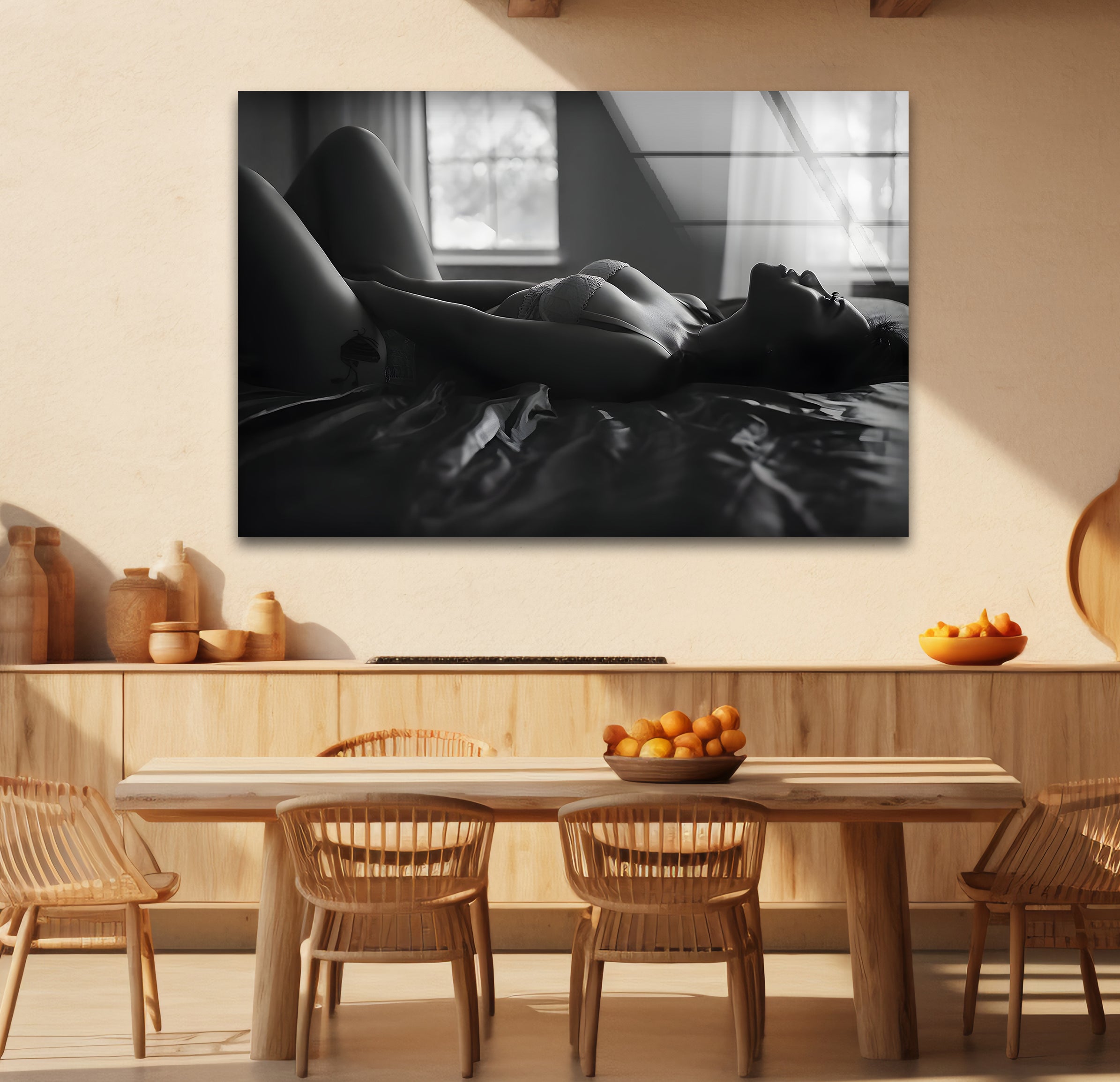 Black and White Woman on Bed Glass Wall Art - Elegant Home Decor for Living Room, Bedroom & Office - Perfect for Modern Interior Design