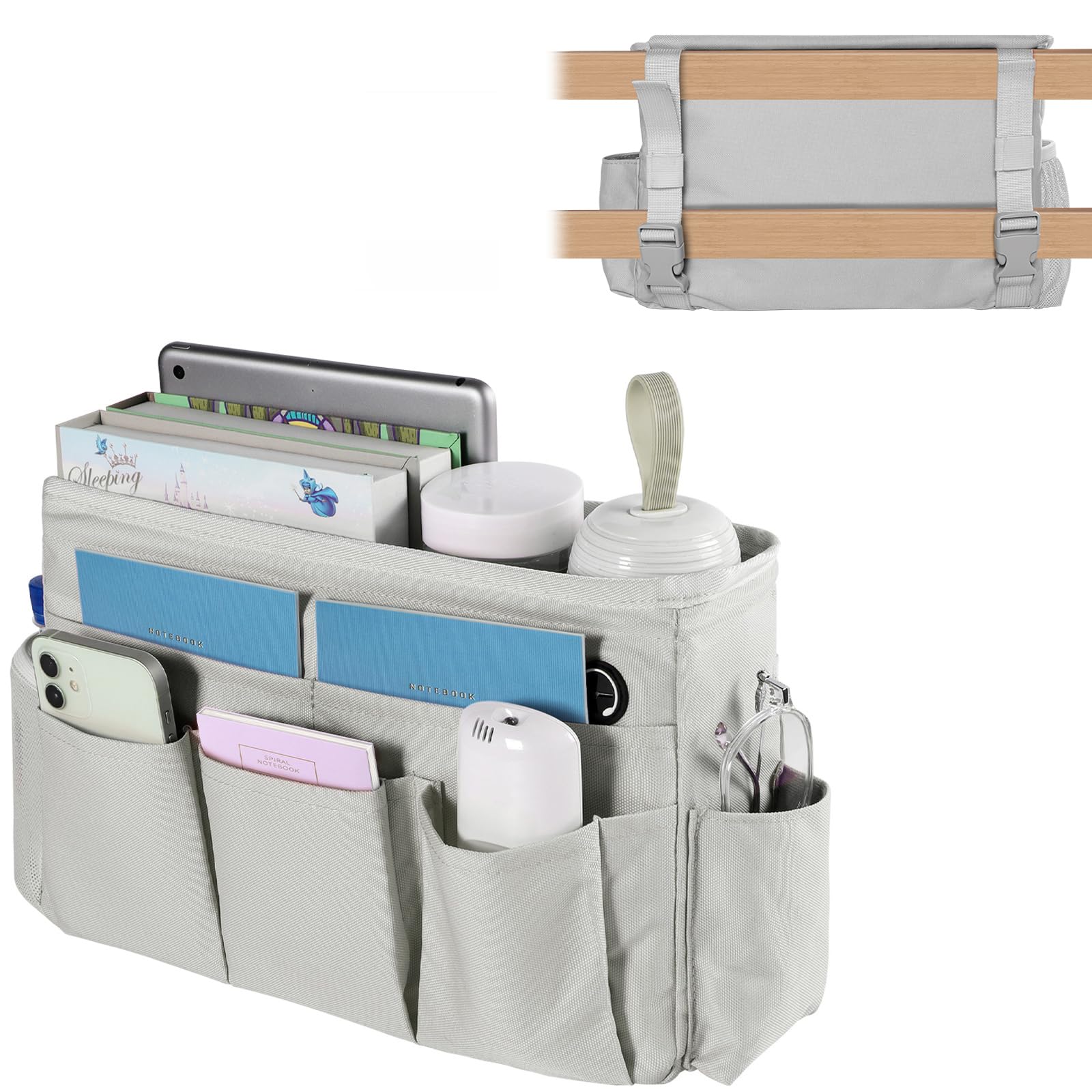 WOMACO Adjustable Bedside Storage Organizer - Light Mica Gray Hanging Basket for Bunk Beds, Loft Beds & College Dorms - Perfect for Books, Phones & Essentials - Medium Size CTB003 - Ideal for Dorm Rooms, Hospitals & Small Spaces