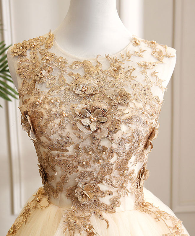 Elegant Champagne Tulle Lace Long Prom Dress for Evening Gala - Perfect for Homecoming, Prom Night, and Formal Events