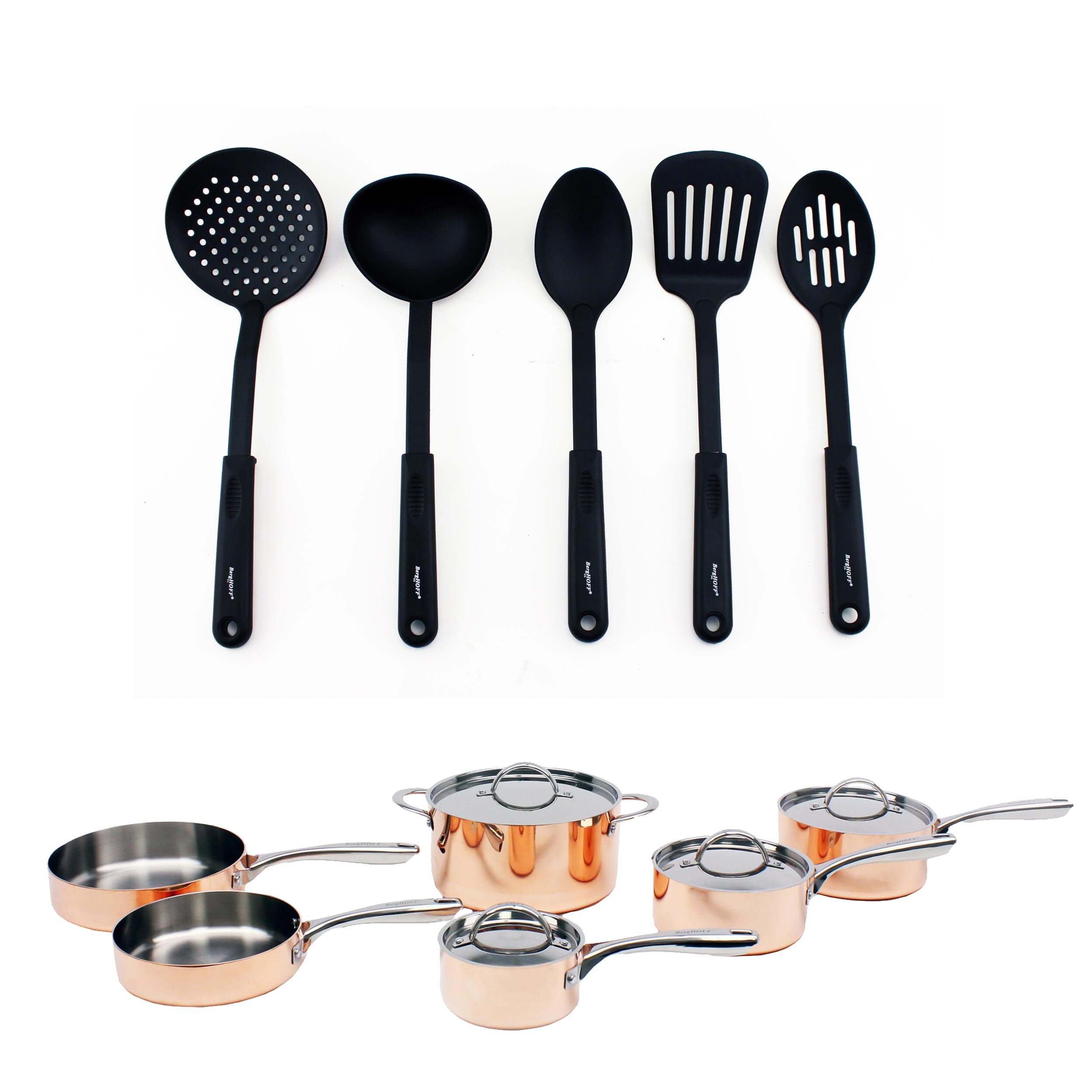 BergHOFF Vintage 15-Piece Tri-Ply Copper Cookware Set with Stainless Steel Lids & Spatulas - Professional Polished Kitchen Pots & Pans for Cooking, Baking & Serving