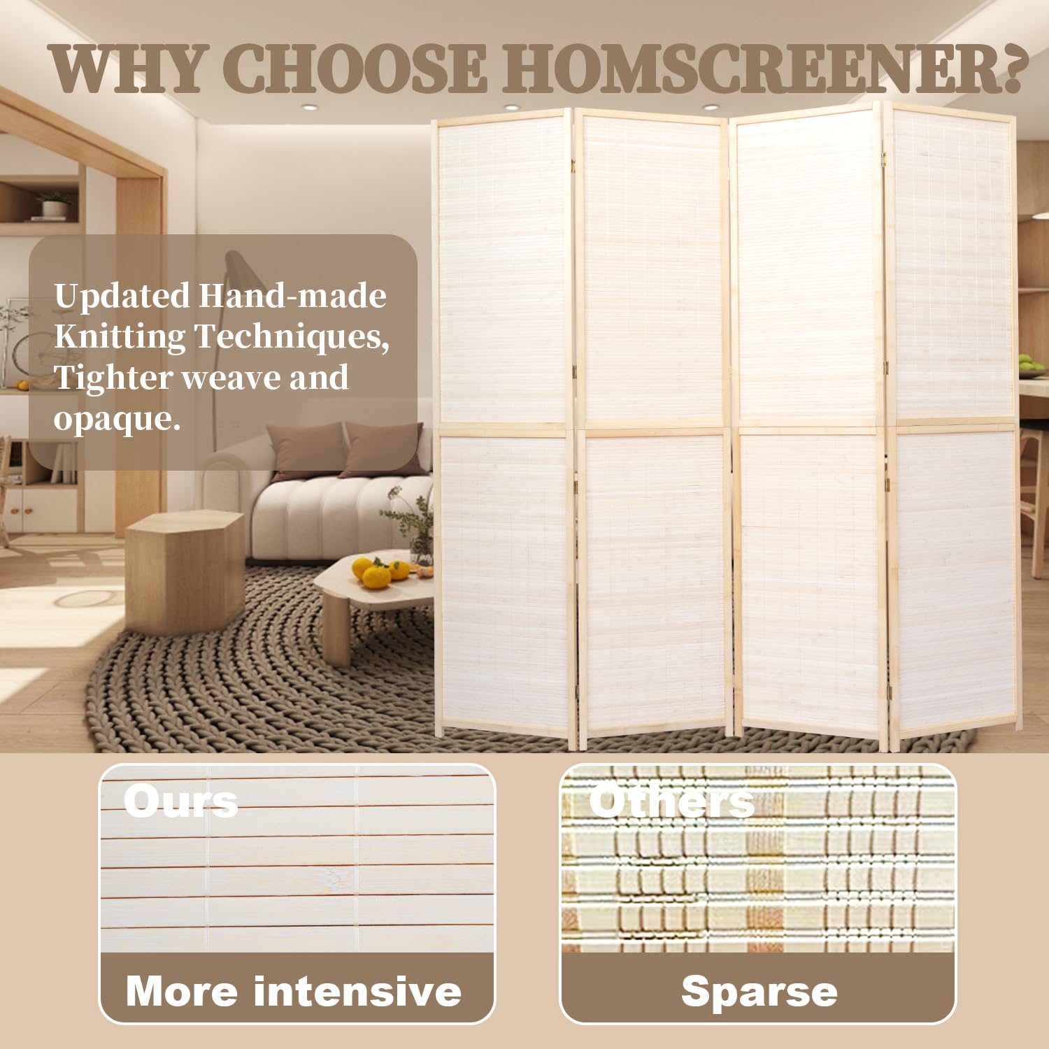 6FT Bamboo Room Divider Privacy Screen - Handmade Woven Mesh Folding Partition Panels for Home & Office | Freestanding 2-in-1 Multifunctional Wall Separator | Perfect for Living Room, Bedroom, Studio and Workspace Privacy Solutions