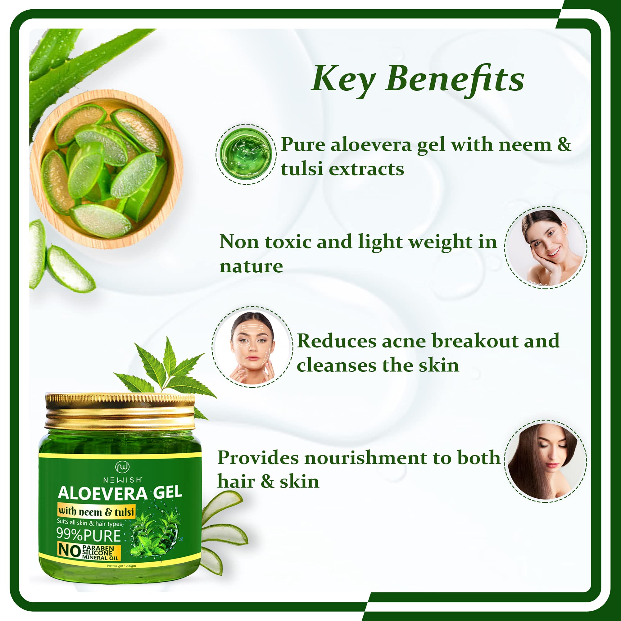 Pure Aloe Vera Gel for Face, Hair & Skin Care | Hydrating & Soothing Moisturizer with Tulsi & Neem | 200g | Perfect for Sunburn Relief, Daily Hydration & Hair Treatment