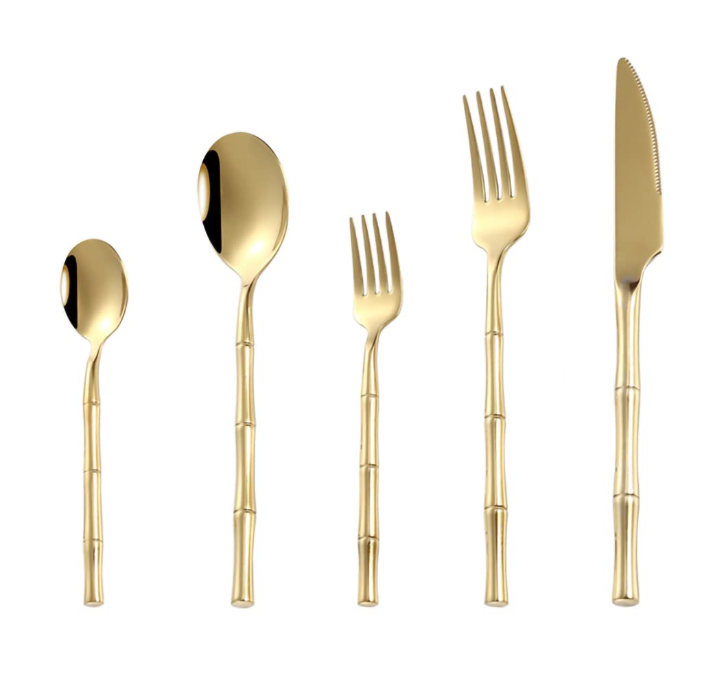 60-Piece Premium 304 Stainless Steel Flatware Set for 12 - Imitation Bamboo Style Silverware with Knife, Fork & Spoon - Dishwasher Safe (Gold) - Perfect for Dinner Parties, Restaurants & Everyday Dining