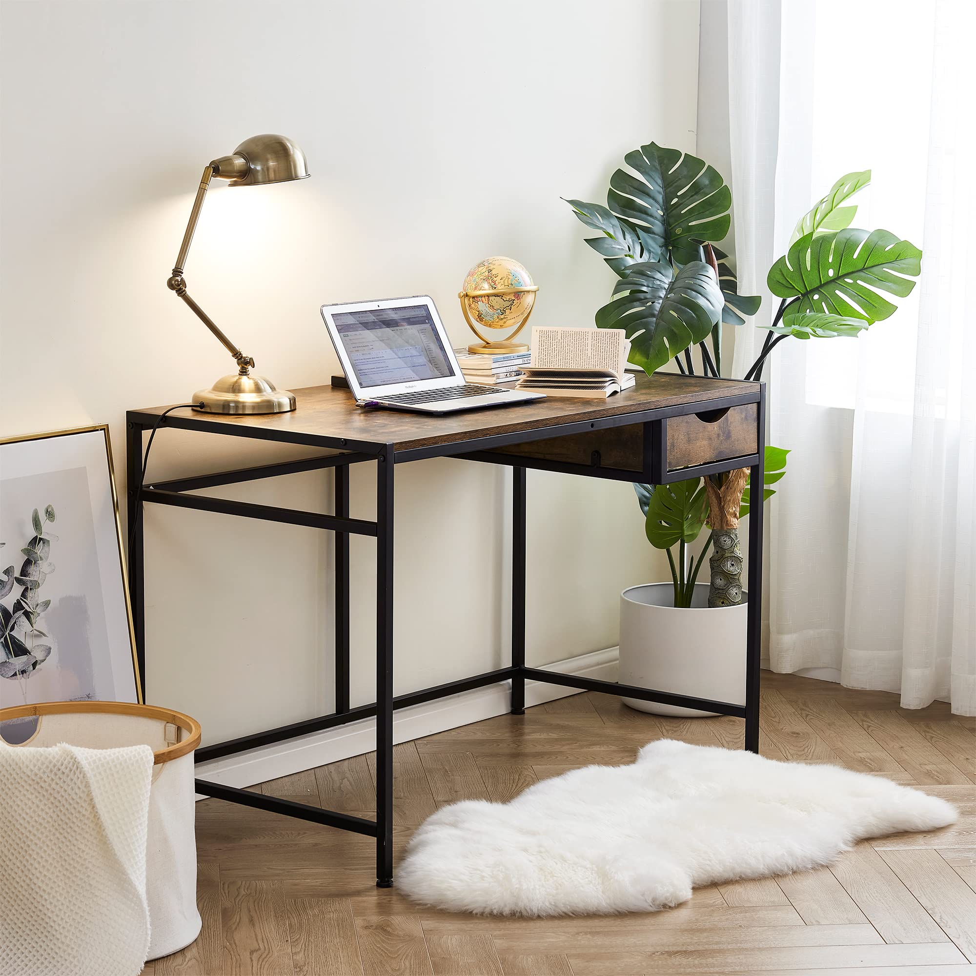 Suprima® Office Desk with Drawer - Hickory Teak Wooden Computer Workstation for Home & Office Use