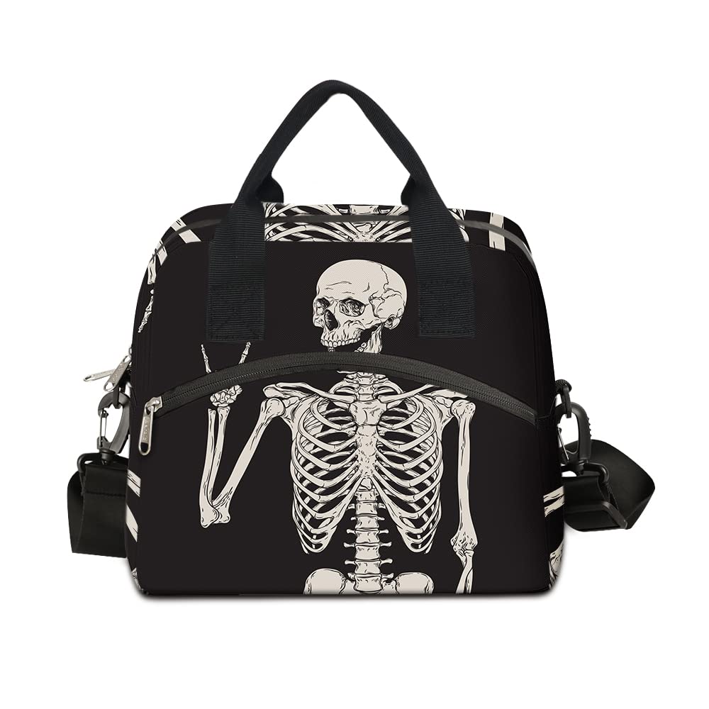 TropicalLife Reusable Insulated Lunch Bag with Adjustable Shoulder Strap - Goth Skull Pattern Soft-Sided Lunch Box for Women & Men (Black) - Perfect for Work, School, Picnics & Outdoor Activities