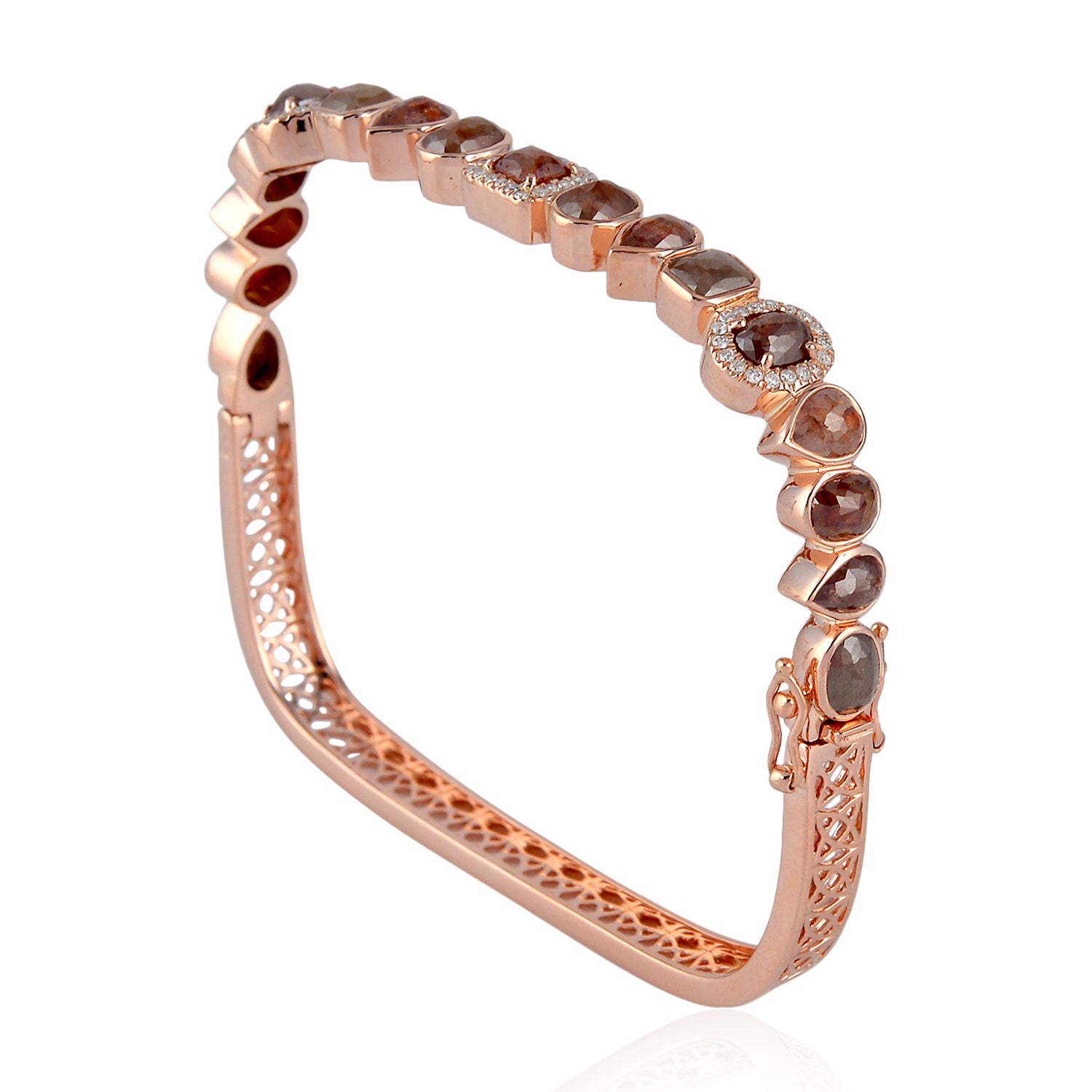 18K Rose Gold Bezel Set Multi-Shape Ice Diamond Bangle Bracelet for Women - Luxury Wedding Jewelry, Anniversary Gift, Bridal Party Accessory