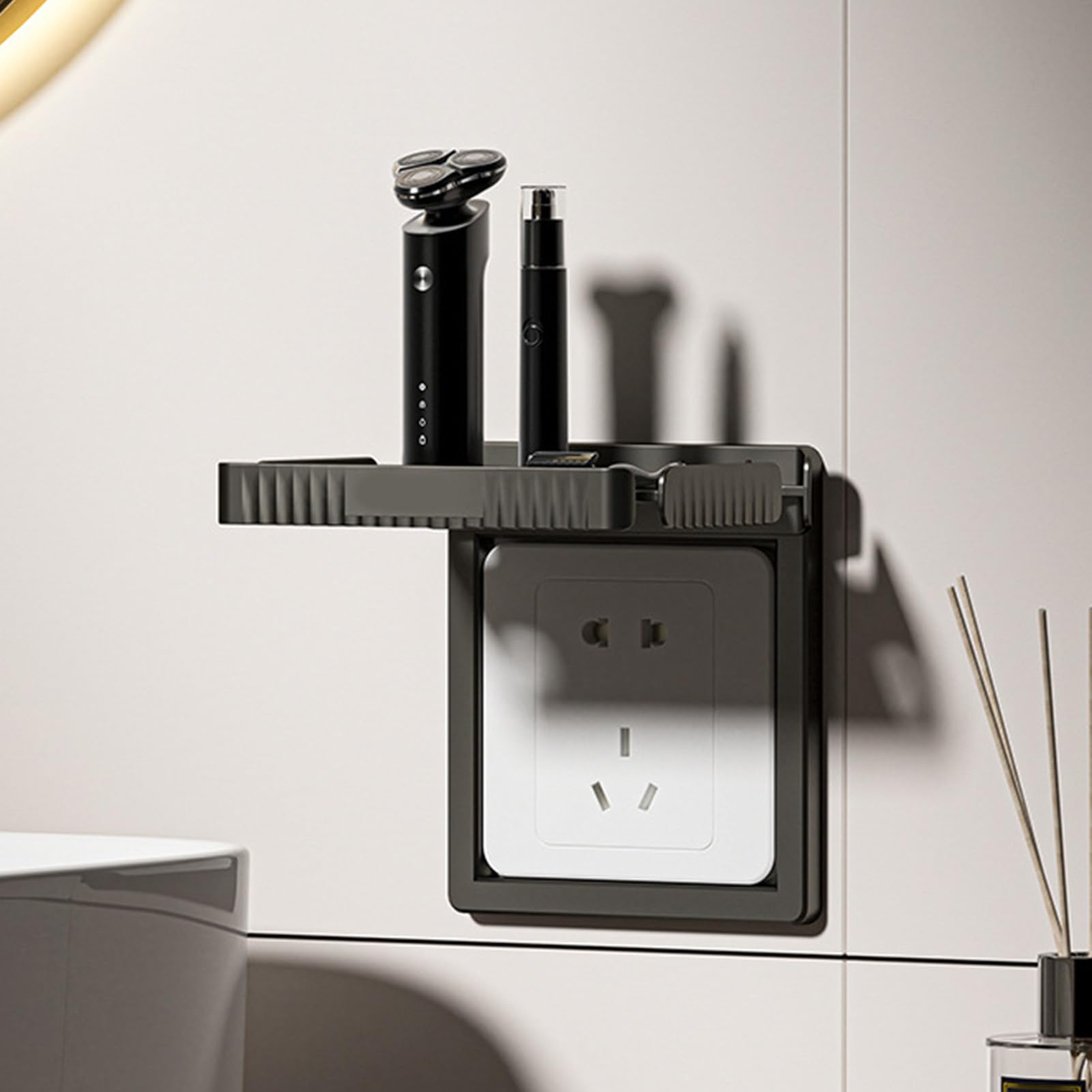 **Wall Outlet Shelf - Heavy Duty Plastic Outlet Organizer with Strong Load Bearing, Easy to Install for Phone, Camera, Router Storage - Perfect for Bedroom, Kitchen, Office (Black)**