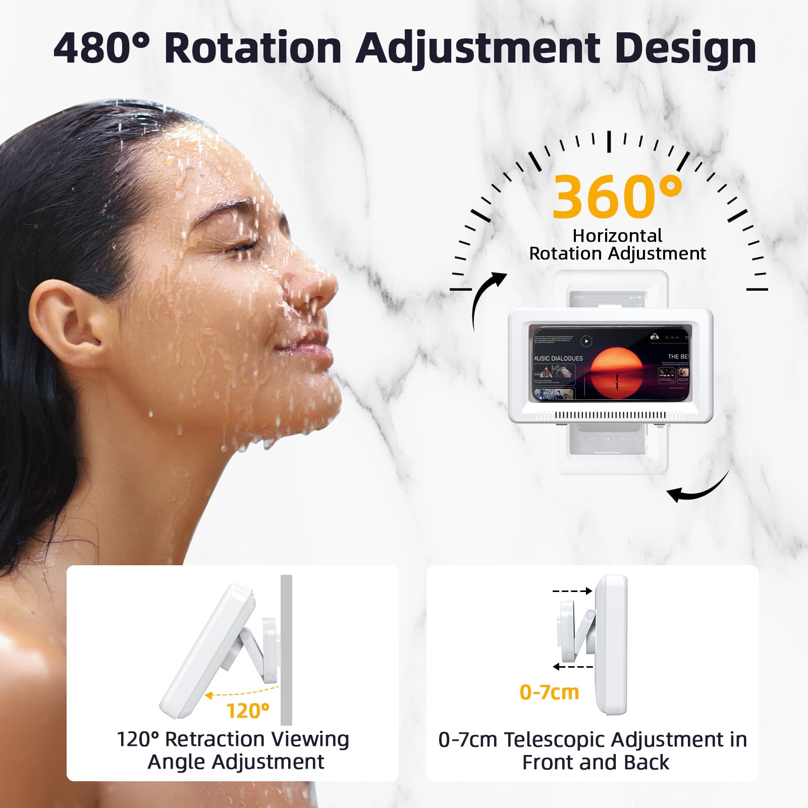 Waterproof Shower Phone Holder with Touch Screen - 360° Rotatable & Retractable, 60° Adjustable Angle Wall Mount for iPhone/Android - Perfect for Bathroom, Kitchen, Poolside & Outdoor Use