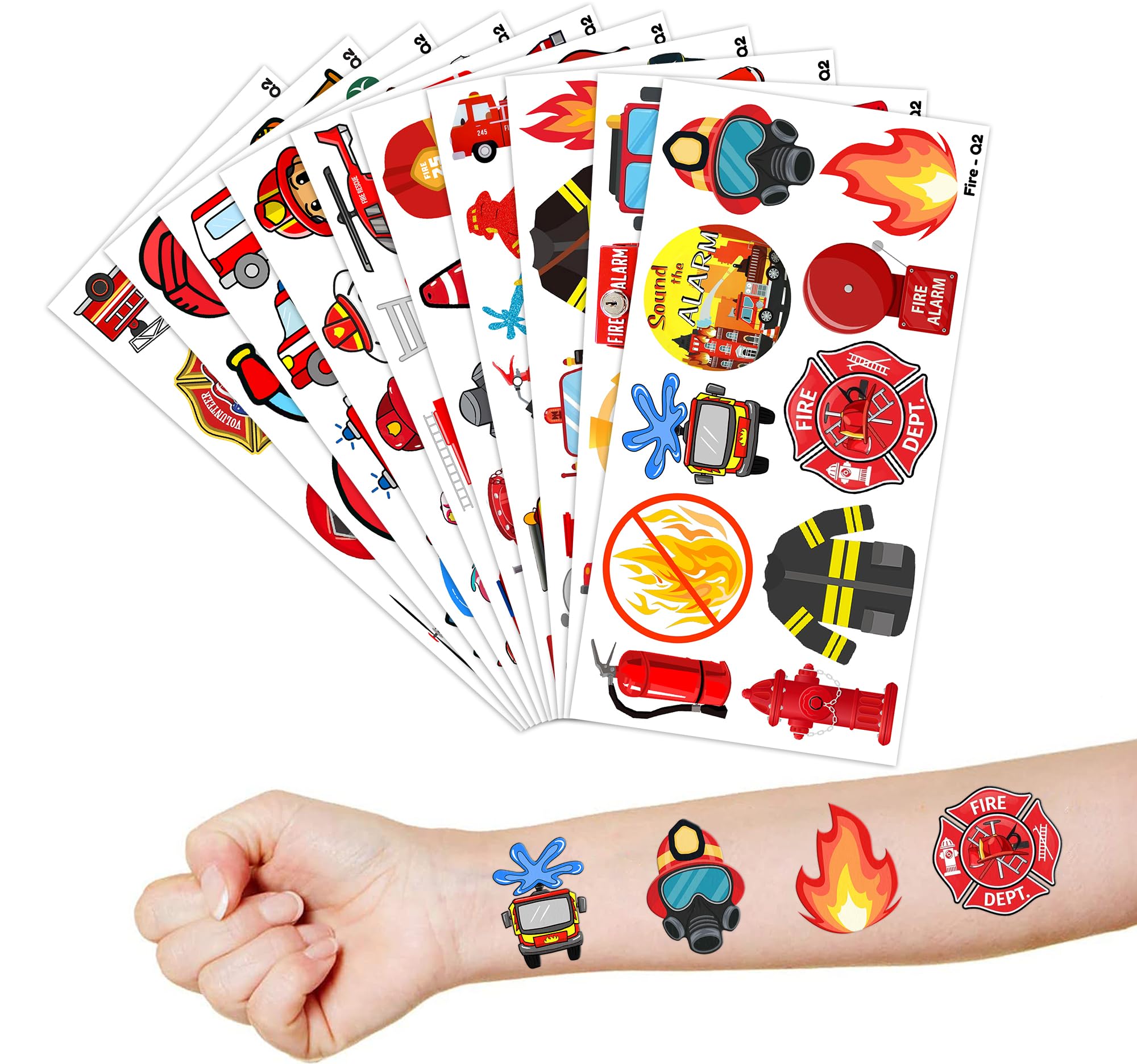 100 PCS Fire Truck Temporary Tattoos - Firefighter Themed Party Supplies, Birthday Decorations, Stickers for Boys & Girls - Perfect for School Rewards, Carnival Prizes & Firehouse Themed Events