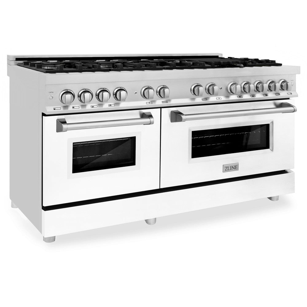 ZLINE 60-inch 7.4 cu. ft. Dual Fuel Range with 9-Burner Gas Cooktop & 2 Electric Convection Ovens - Stainless Steel with White Matte Doors (RA WM 60) | Professional Kitchen Appliance for Home Chefs & Cooking Enthusiasts