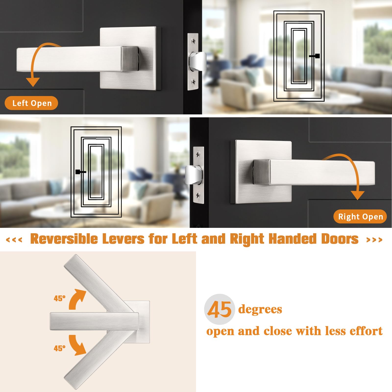 Probrico 10-Pack Brushed Nickel Passage Door Levers with Lock - Heavy Duty Square Interior Door Handles for Left & Right Handed Doors (Keyless) - Perfect for Closet, Hallway, Bedroom & Office Doors