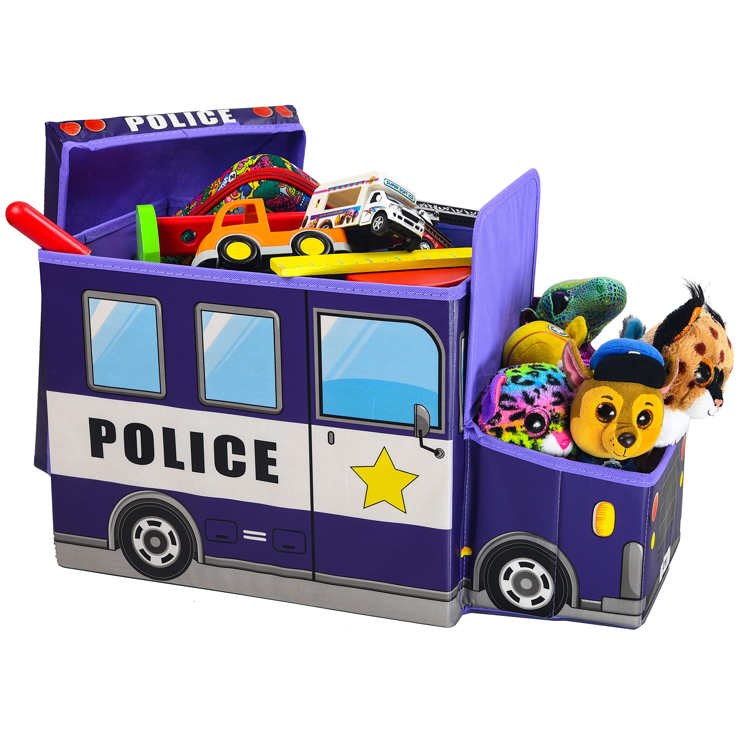 Collapsible Kids Toy Storage Box with Lid - Sturdy Toy Organizer Bin with LED Lights for Nursery, Playroom, Closet & Home Organization | Police Theme Toy Chest for Easy Kids Room Cleanup & Toy Storage Solutions