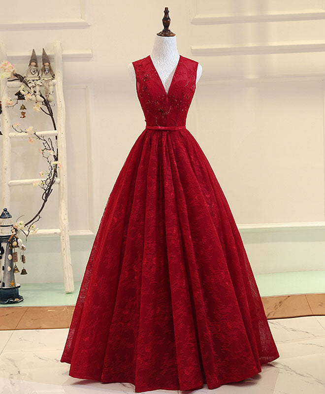 Elegant Burgundy V-Neck Lace Long Prom Dress for Women - Formal Evening Gown for Homecoming, Wedding, and Special Occasions