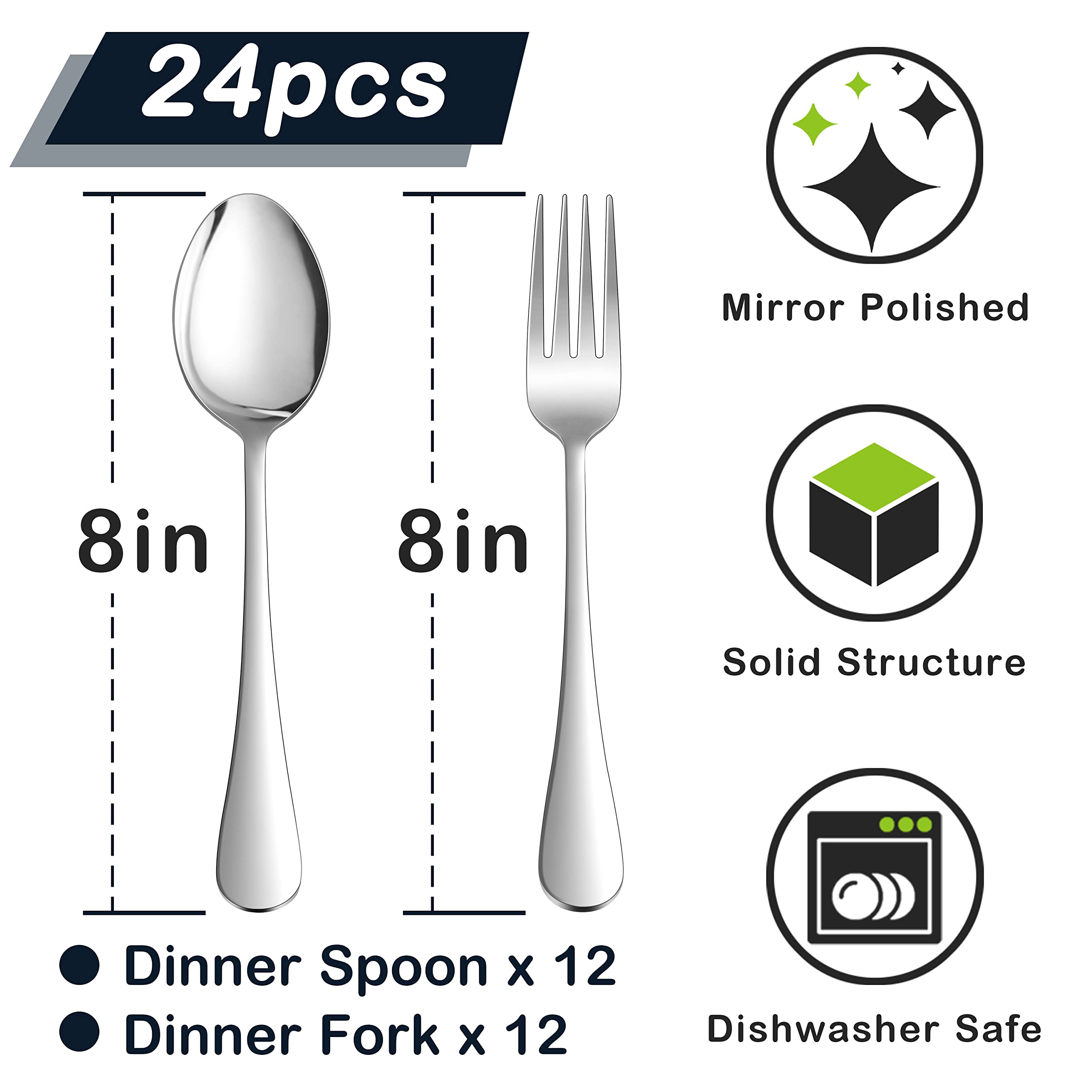 HaWare 24-Piece Stainless Steel Flatware Set - 8 Inch Forks & Spoons, 18/0 Mirror Polished Silverware for Home, Kitchen & Restaurant Use | Dishwasher Safe Cutlery Set | Perfect for Dinner Parties, Catering & Everyday Dining