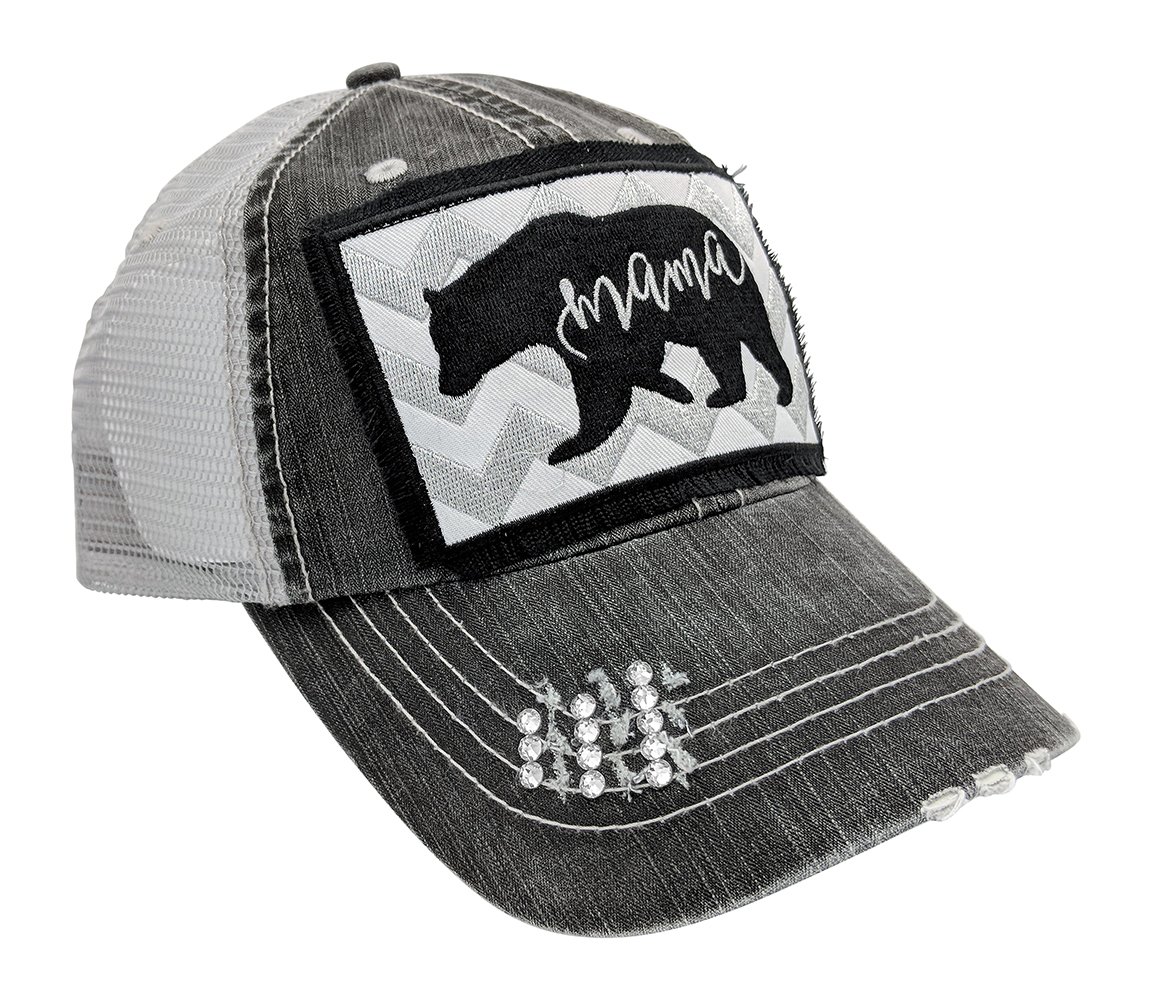 Women's Mama Bear Embroidered Patch Baseball Cap - Adjustable Mesh Back Trucker Hat in Dark Grey/Black | Lightweight Mother's Day Birthday Gift with Optional Rhinestone Personalization | Perfect for Outdoor Activities, Casual Wear & Special Occasions