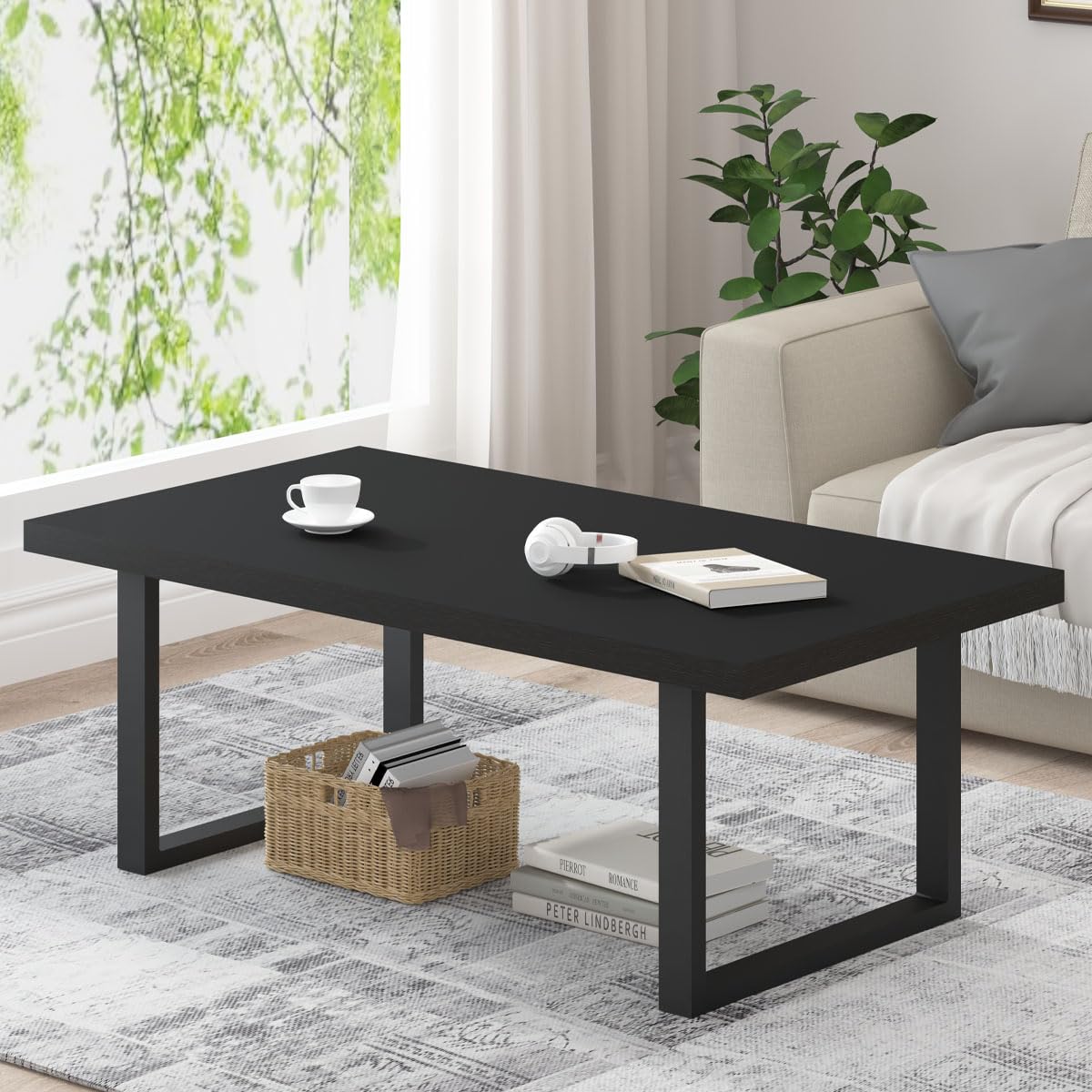 IBF Modern Black Coffee Table - Minimalist Industrial Wood & Metal Cocktail Table - 47 Inch Rectangle Living Room Center Table for Farmhouse, Home, Bedroom & Office - Black Oak Finish - Perfect for Entertaining, Reading & Decor