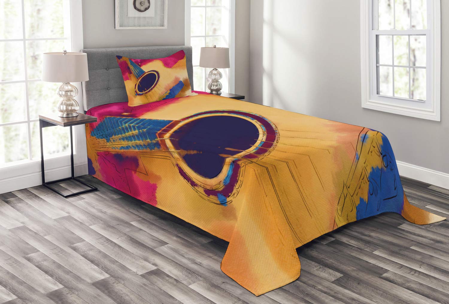 Ambesonne 3-Piece Guitar Bedspread Set - Abstract Strings Watercolor Pattern, Vintage Inspired Twin Size Bedding with Coverlet & 2 Pillow Shams in Violet Blue Magenta | Perfect for Music Lovers' Bedroom Decor & Bohemian Style Home