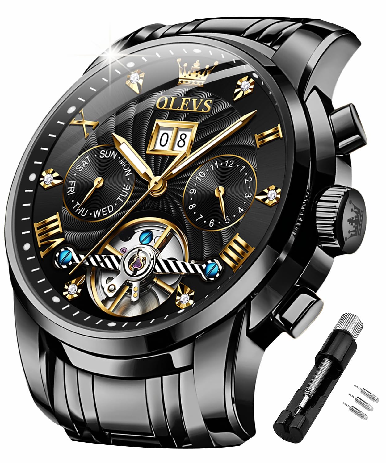 OLEVS Men's Automatic Self-Winding Skeleton Tourbillon Watch with Diamond Accents - Luxury Mechanical Business Dress Watch for Men - Waterproof & Luminous - Perfect for Formal Events, Office Wear & Special Occasions