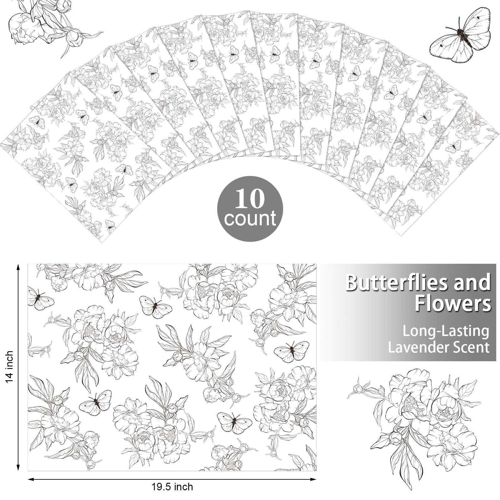 Geosar 10-Pack Scented Drawer Liners for Dresser, Shelf & Closet - Non-Adhesive Fragrant Liner Paper with Linen & Butterfly Scent | Perfect for Organizing Bedroom, Bathroom & Nursery Drawers