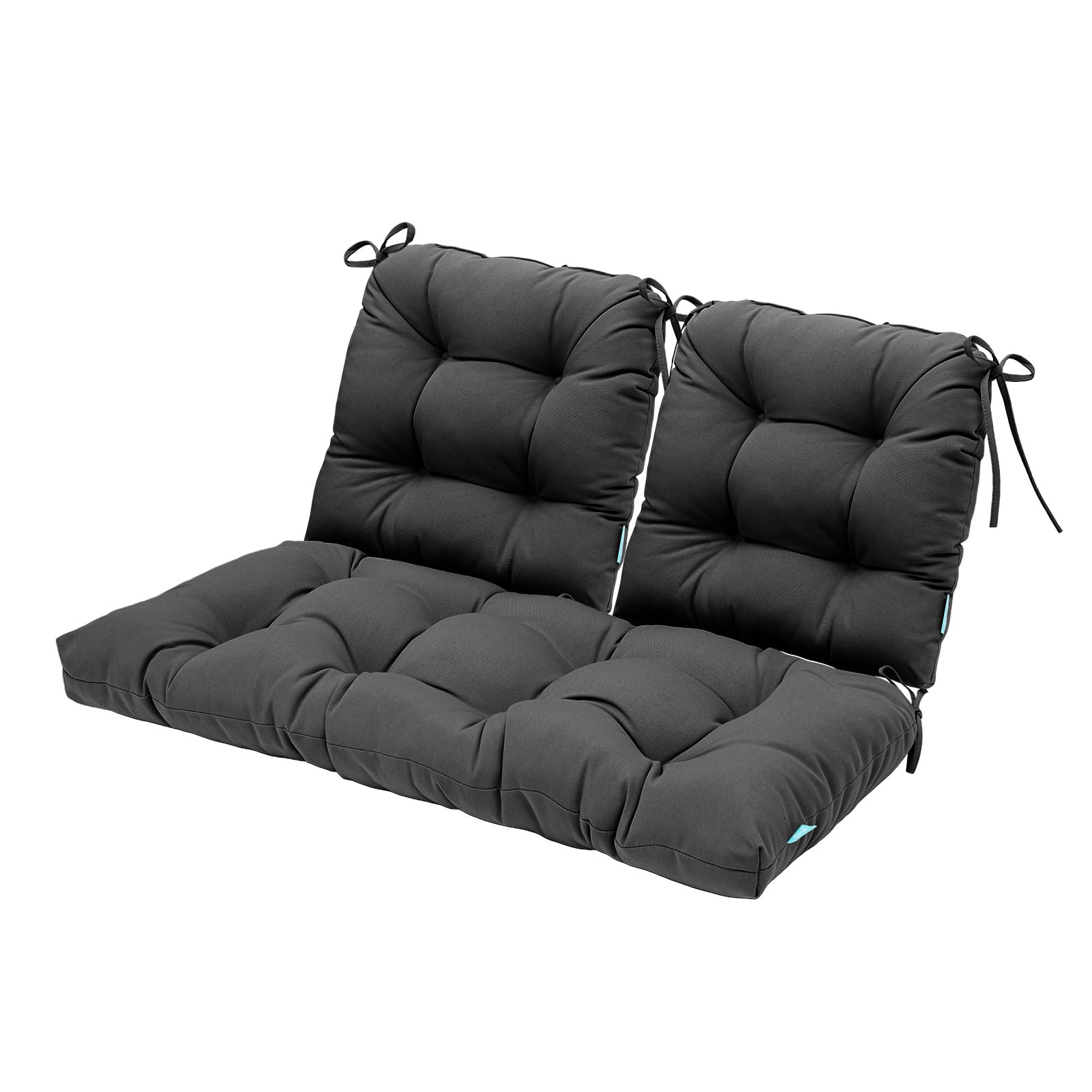 QILLOWAY 3-Piece Outdoor/Indoor Patio Cushion Set - Waterproof Wicker Seat Cushions with Ties for Loveseat, Bench & Porch Chairs - Dark Grey - Perfect for Garden, Deck & Poolside Relaxation