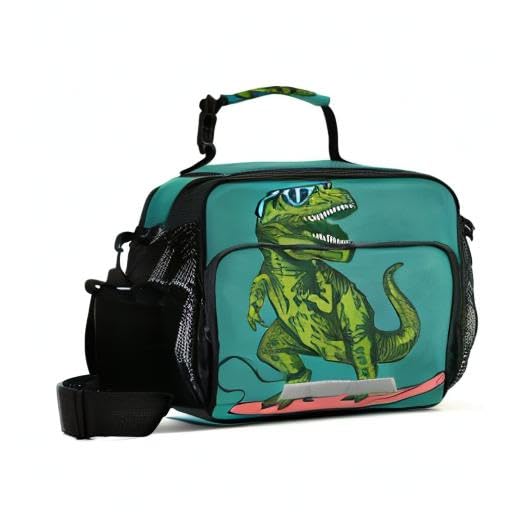 Dinosaur Lunch Box for Kids - Insulated Cooler Bag with Adjustable Shoulder Strap, Cute Surfer Dino Design - Perfect for School, Picnic, Beach & Skateboarding