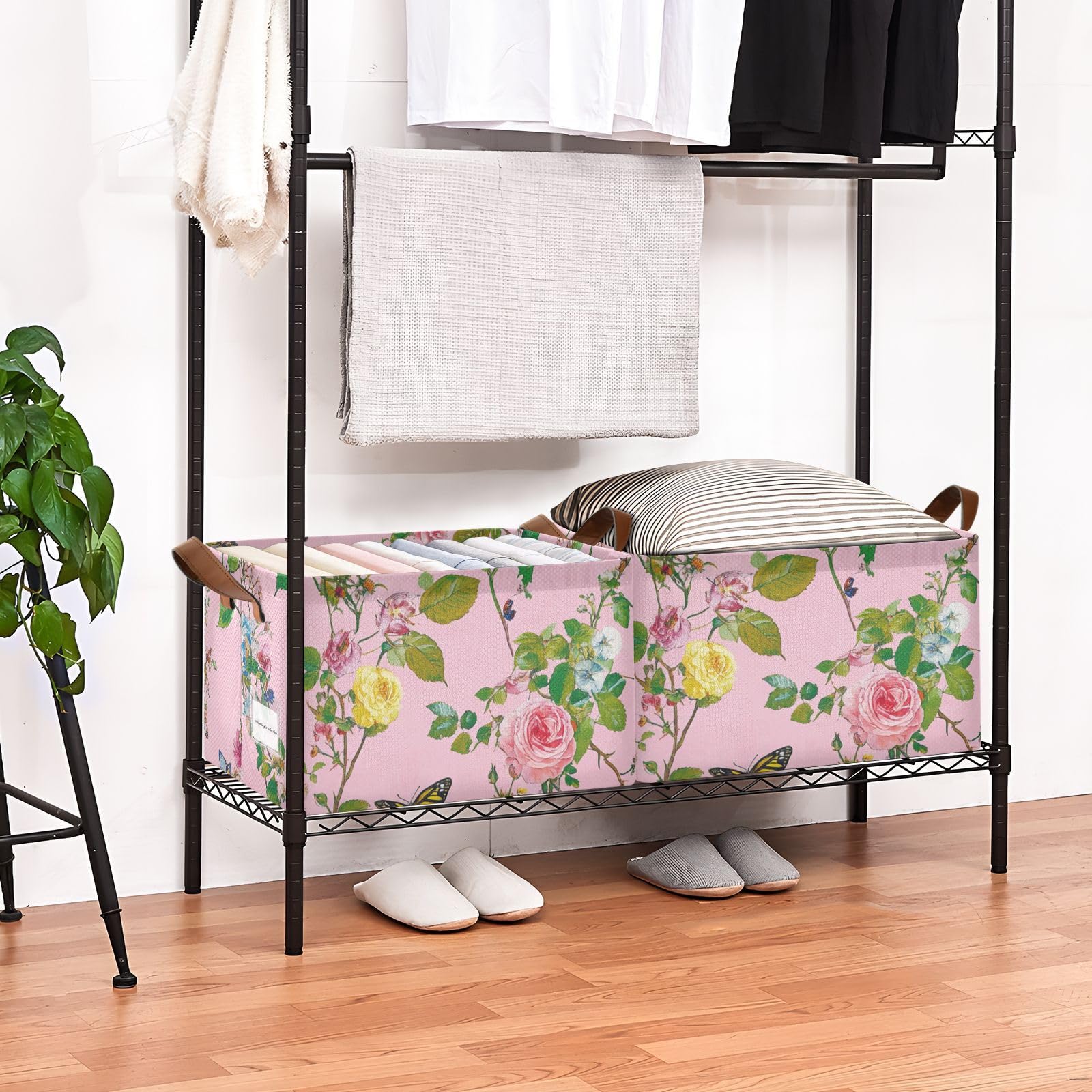 Sweet Rose Peach Flower Large Storage Baskets - 2 Pack Decorative Closet Organizer Bins with Handles for Shelves, Cupboards & Drawers | Perfect for Bedroom, Bathroom & Laundry Room Organization