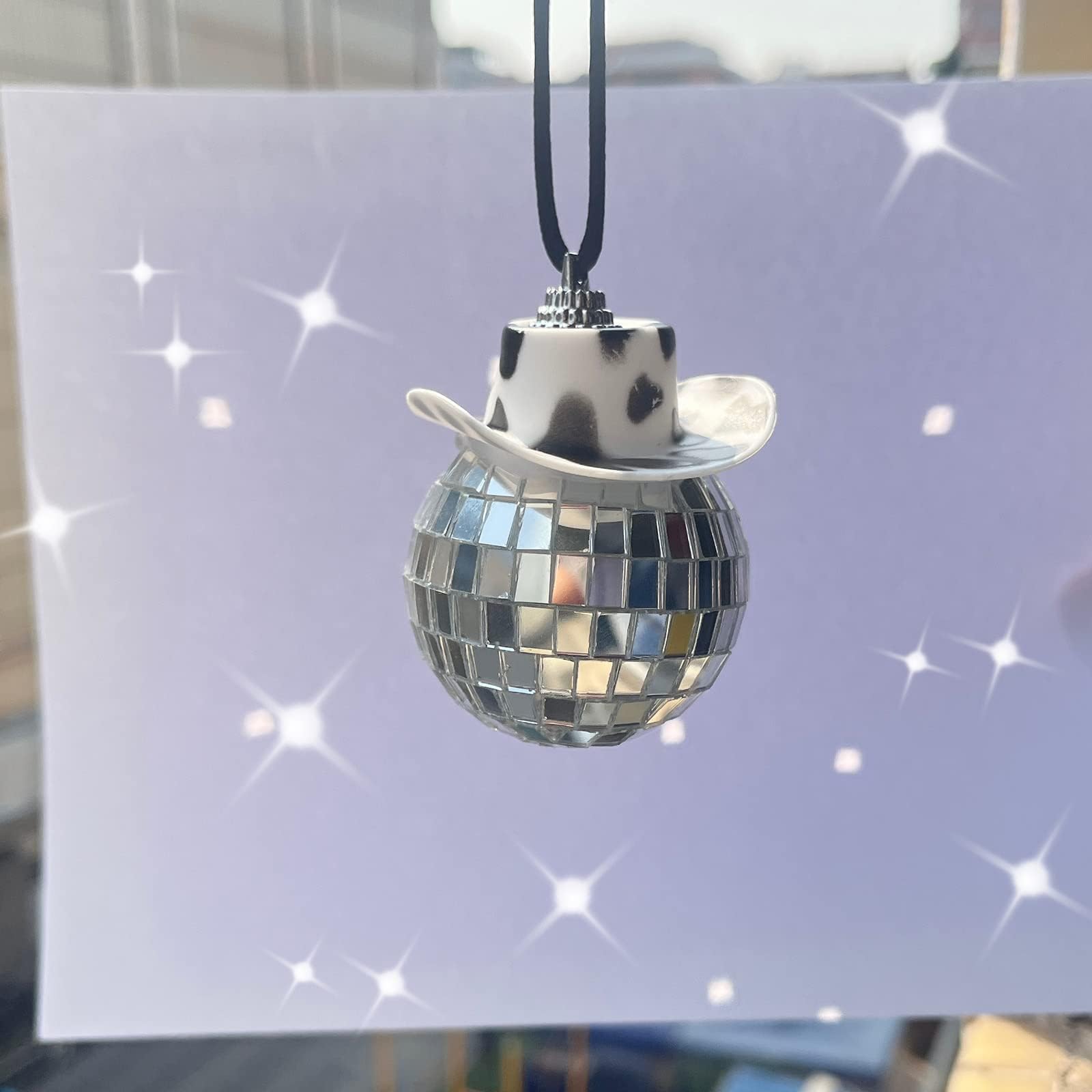 Black Cow Print Car Mirror Hanging Accessories - Disco Ball & Cowboy Hat Rear View Mirror Decor - Fun Car Charm for Parties, Road Trips & Gifts (2 Pack) | Perfect for Birthday Celebrations, Car Shows & Themed Events
