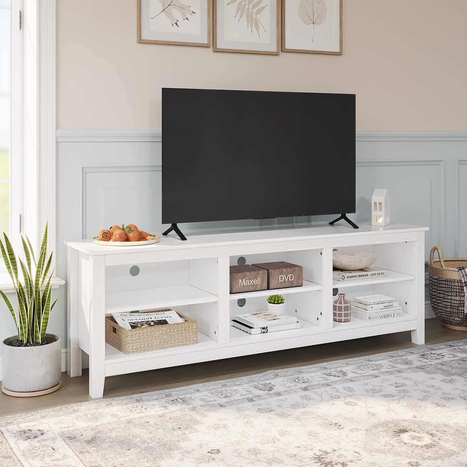75 Inch TV Stand with 6 Storage Cubby - Modern Entertainment Center Media Console for Living Room & Bedroom - White TV Table for Flat Screen TVs (Perfect for Movie Nights & Family Gatherings)