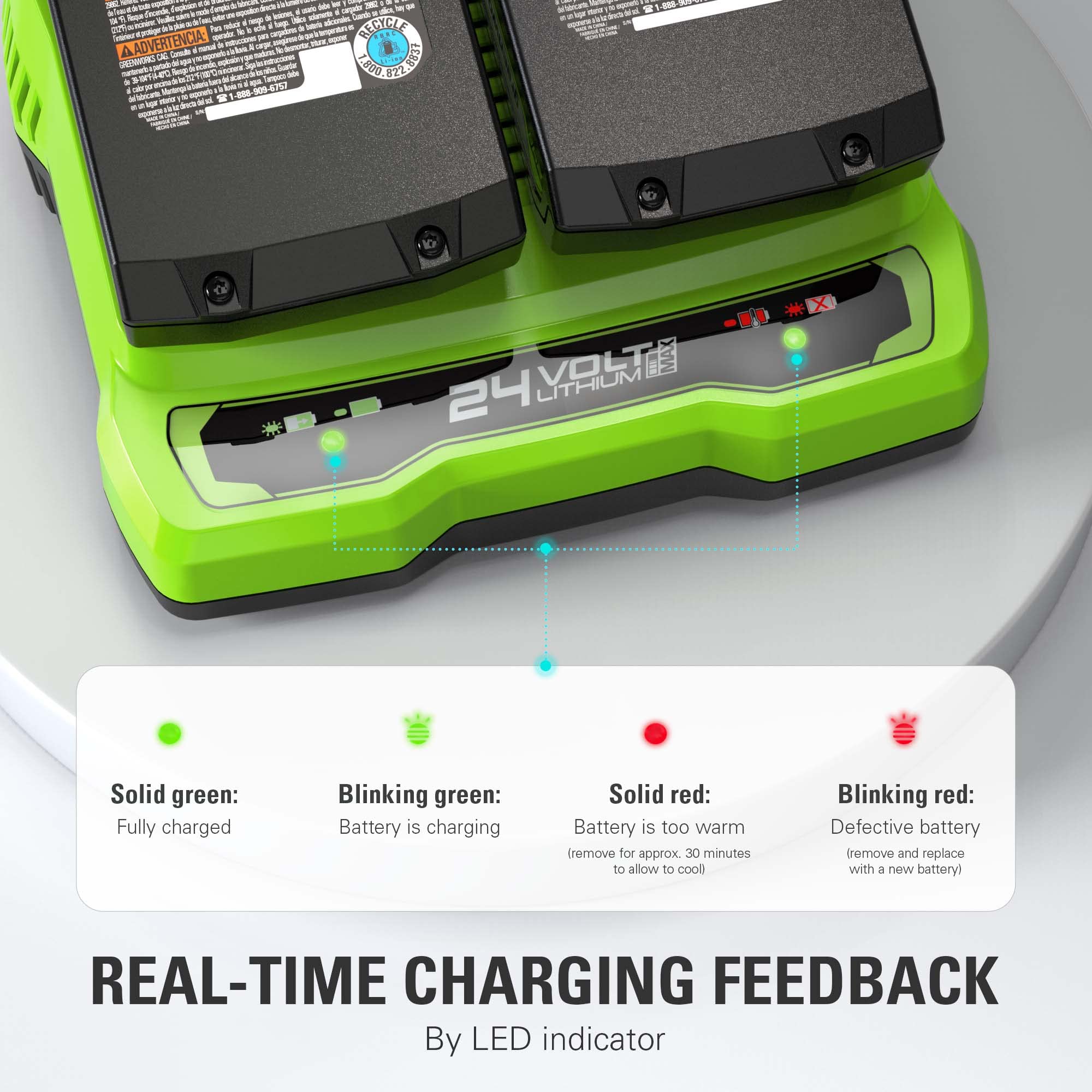 Greenworks 24V Dual Port Fast Battery Charger - Official Genuine Replacement for Greenworks Tools - Perfect for Lawn Mowers, String Trimmers & Power Tools