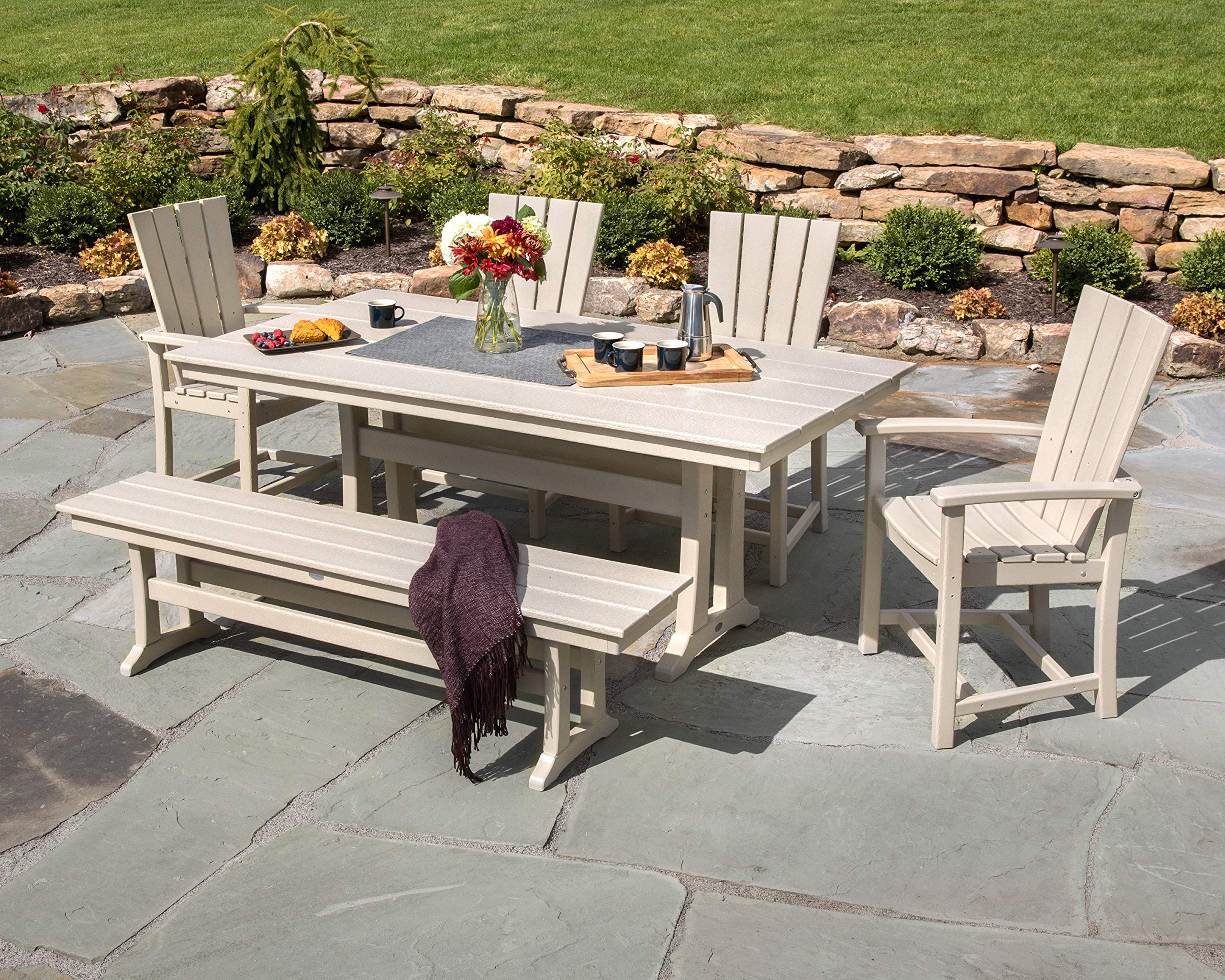 Polywood Quattro 6-Piece Farmhouse Dining Set with Bench in Sand Color - Outdoor Patio Furniture for Garden, Backyard, and Poolside Dining