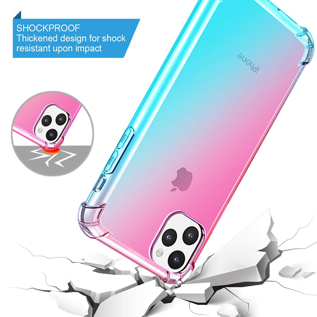 Clear Cute Gradient Shockproof iPhone 11 Pro Max Case - Slim Flexible TPU Cover with Reinforced Corners & Anti-Scratch Protection (6.5 inch, Pink/Green) - Perfect for Everyday Use, Travel & Outdoor Activities