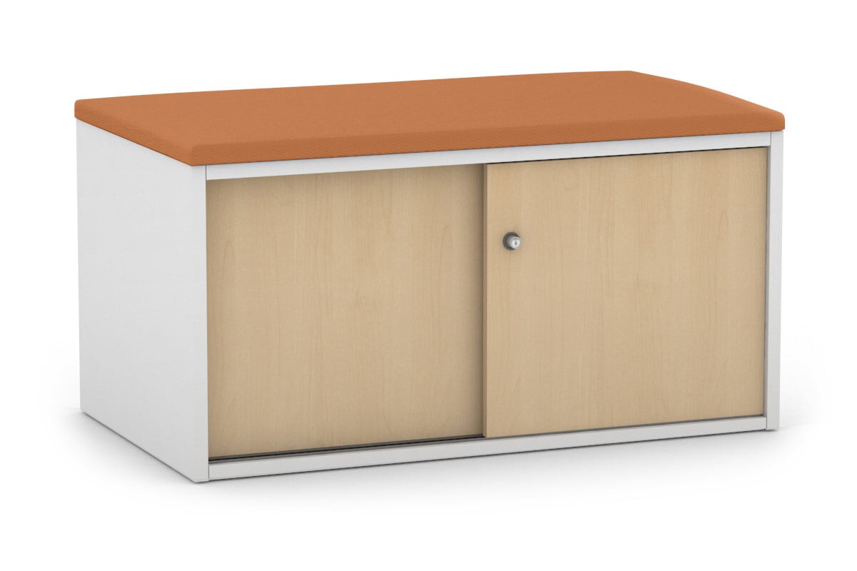 Low Profile 2-Door Sliding Credenza with Top Cushion - Modern TV Stand for Living Room, Bedroom Storage Cabinet with Smooth Gliding Doors