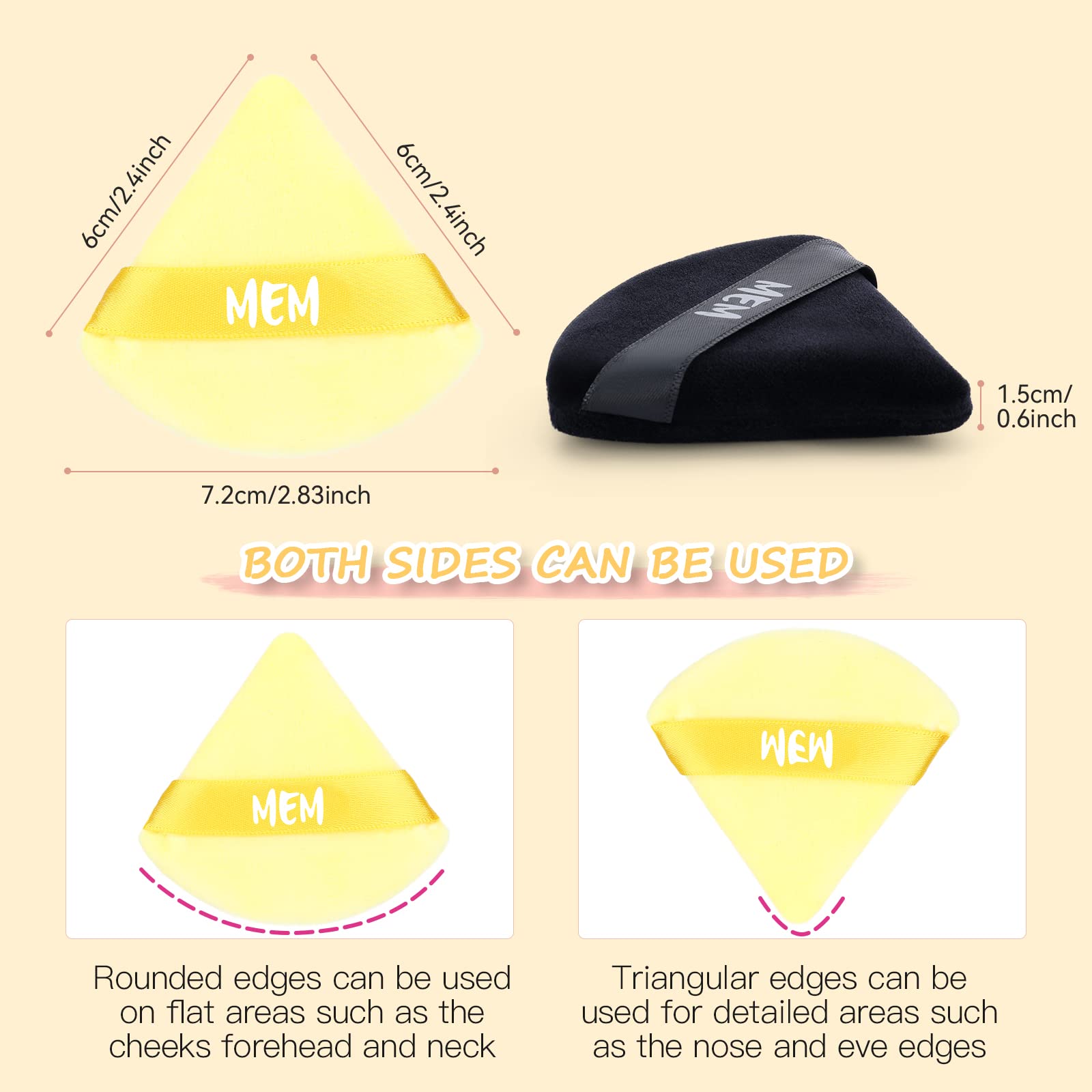 8 Pcs MEM Triangle Powder Puff - Soft Velour Makeup Sponge for Loose & Pressed Powder Application | Wet & Dry Use | Skin-Friendly Beauty Blender with Satin Ribbon | Perfect for On-the-Go Touchups & Professional Makeup Application