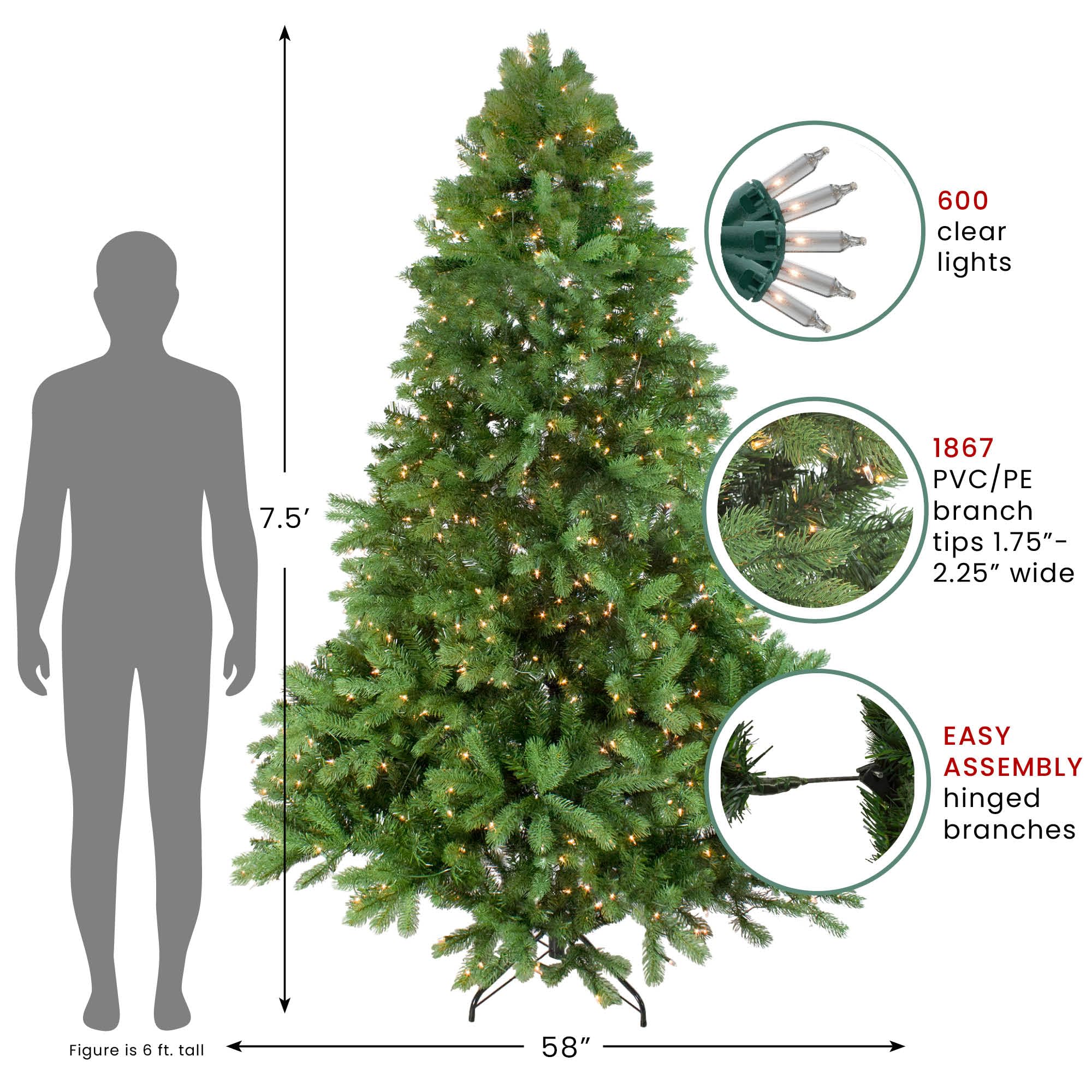 7.5' Pre-Lit Noble Fir Artificial Christmas Tree with Clear Lights - Perfect for Living Room, Office & Holiday Decorations