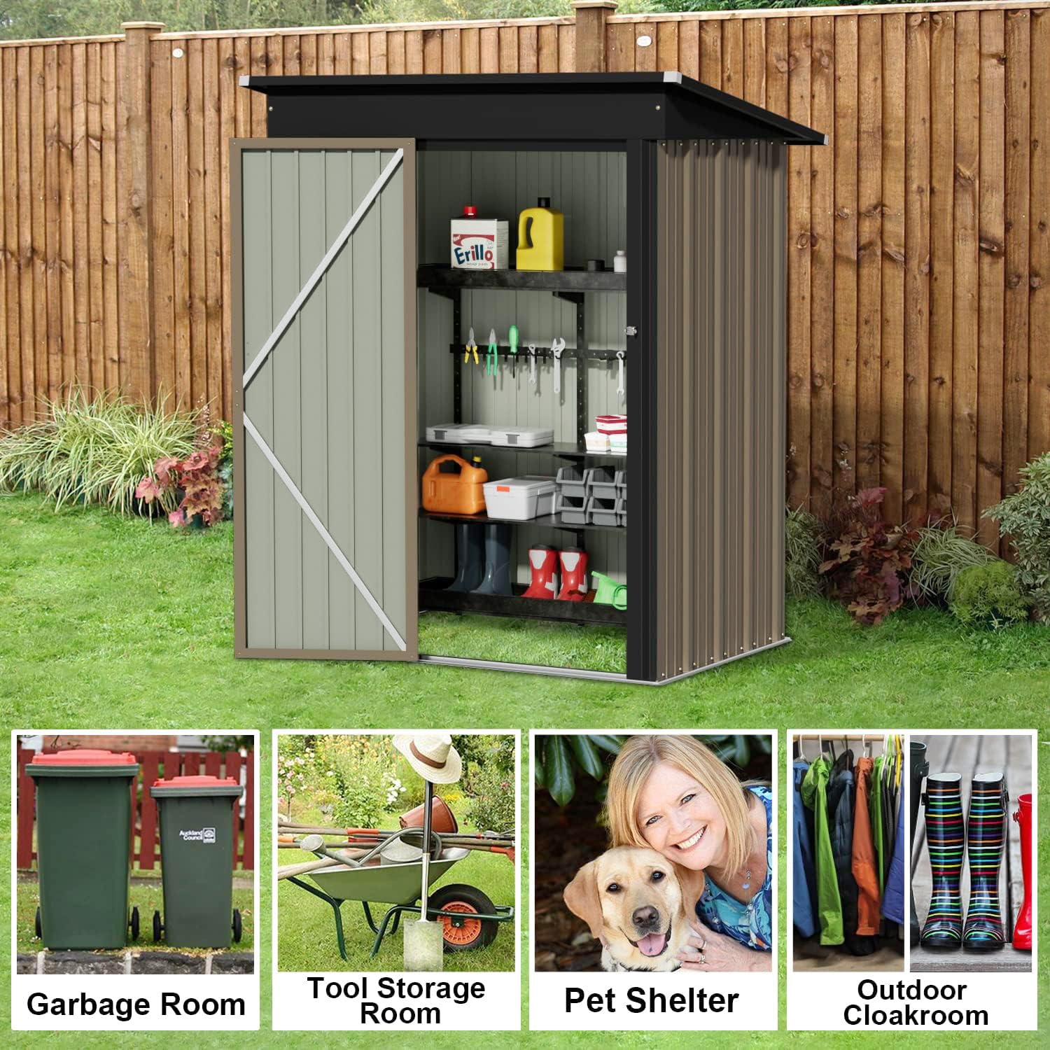 JUMMICO 5x3 FT Outdoor Metal Storage Shed with Lockable Door - Waterproof Garden Tool Shed for Backyard, Patio & Lawn (Brown) | Perfect for Storing Lawn Mowers, Bikes & Gardening Equipment