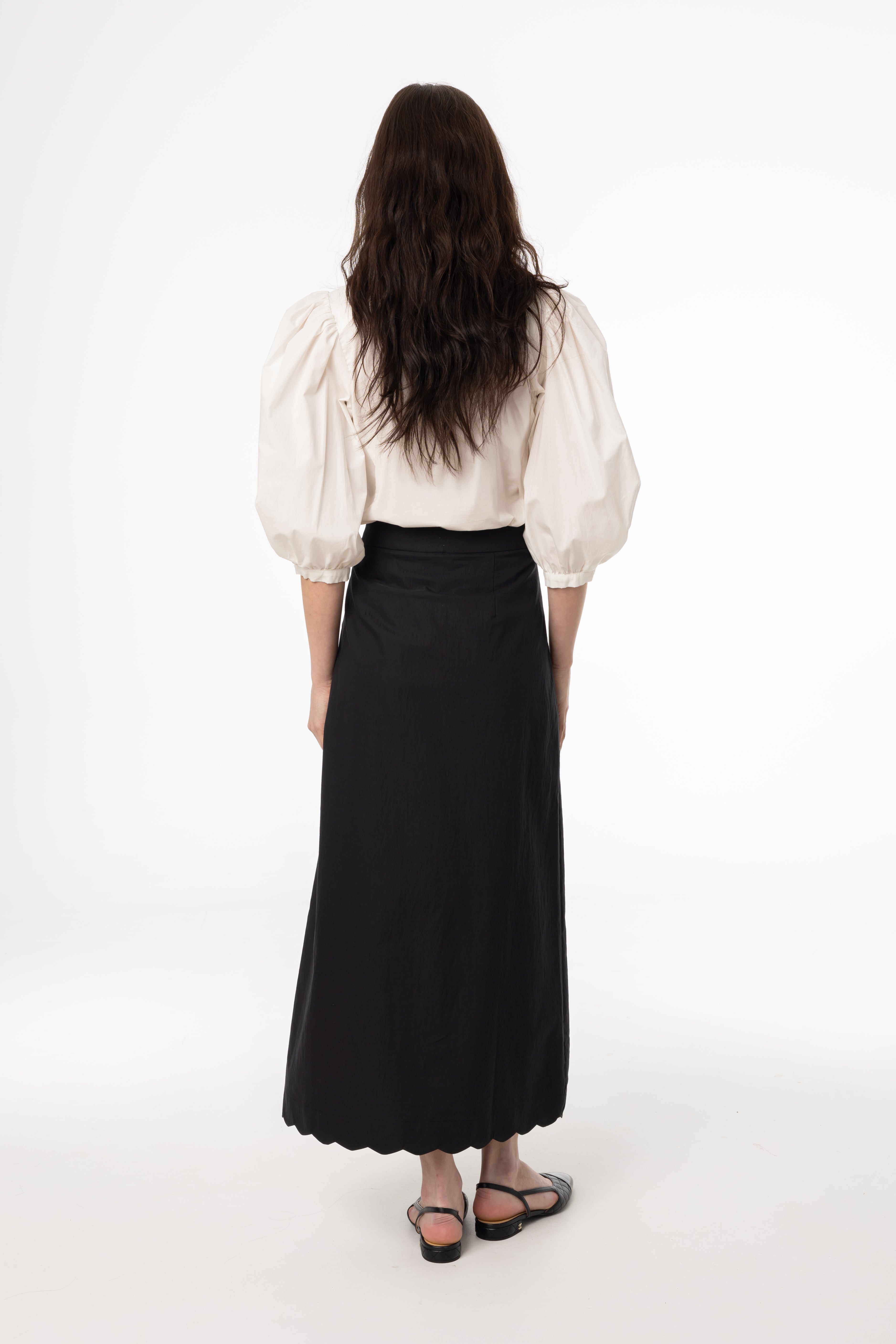 Elegant Black Scalloped Maxi Skirt for Women - Flowy High Waisted Long Skirt with Side Slit - Perfect for Beach, Vacation & Boho Style Outfits