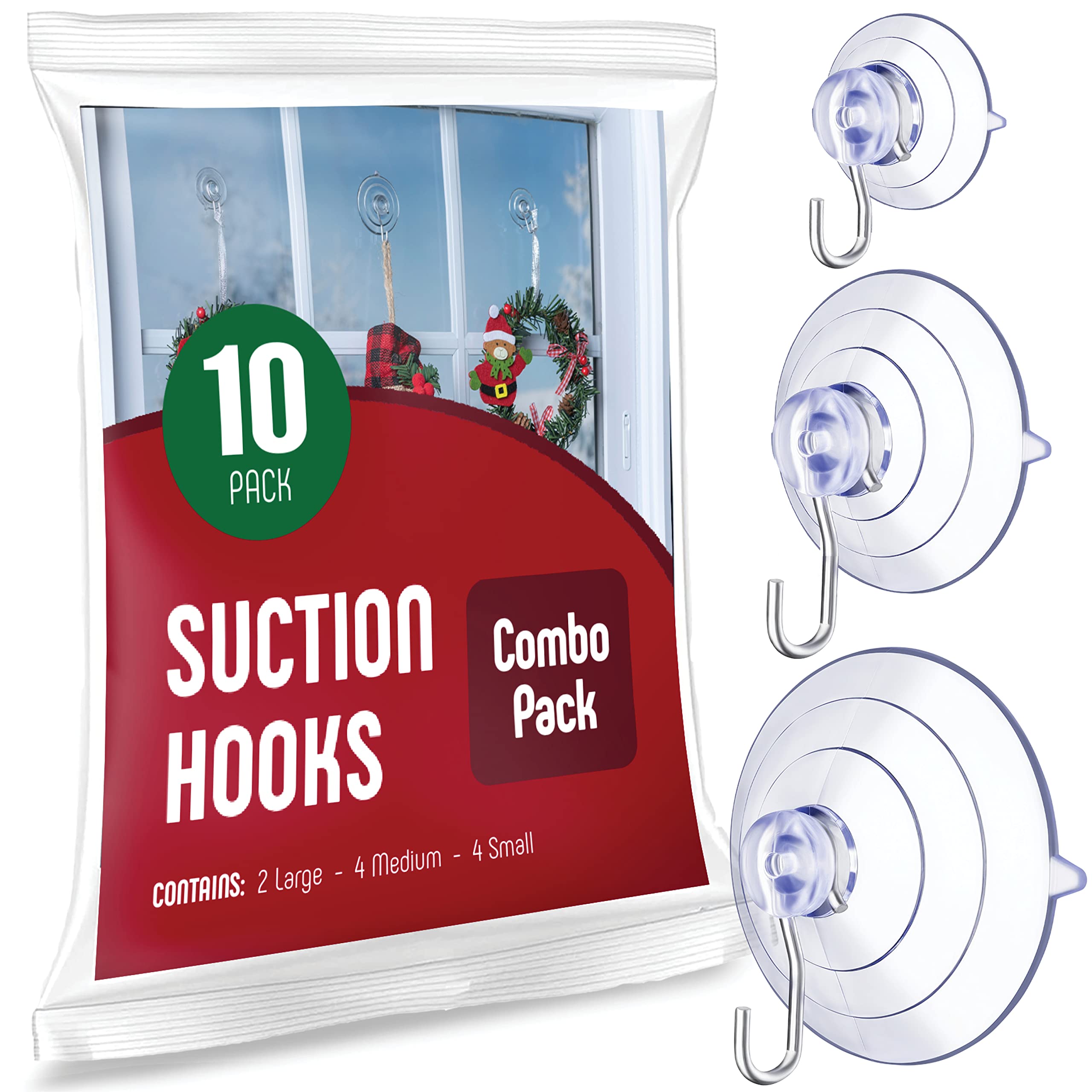 10-Pack Heavy Duty Suction Cup Hooks for Windows, Glass, Mirrors & Tiles - Strong Adhesive Hanging Hooks Set (2 Large, 4 Medium, 4 Small) - Perfect for Bathroom, Kitchen, Office & Home Organization